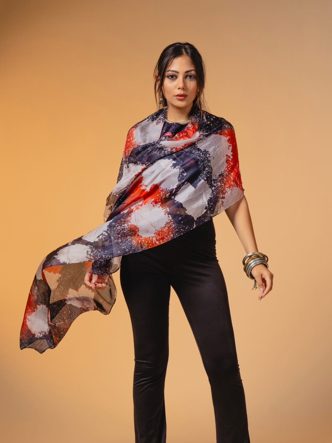 Batik Silk Stole Black, Red & White