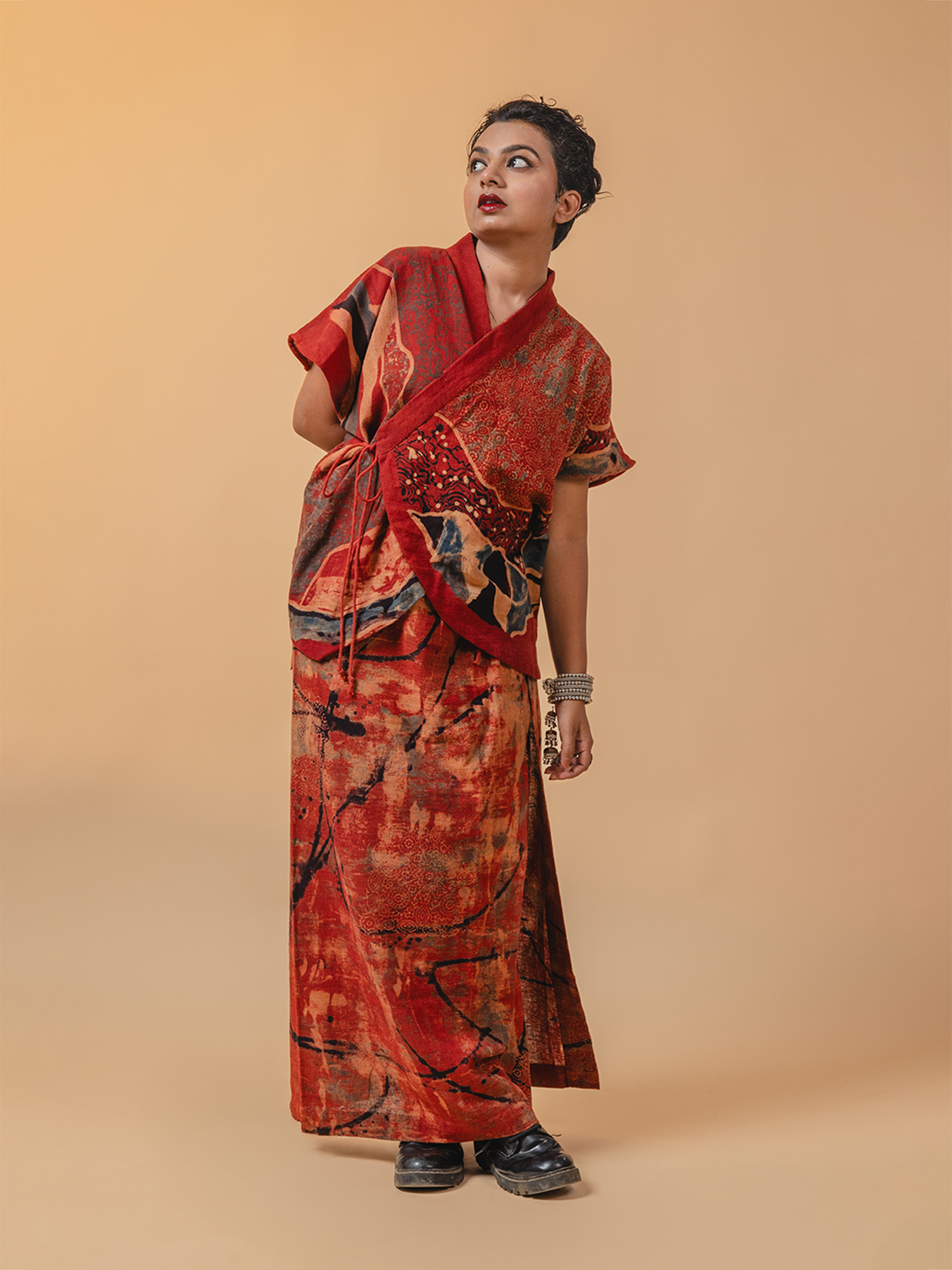 Ajrakh Kala Cotton Kimono Kedia Set Red