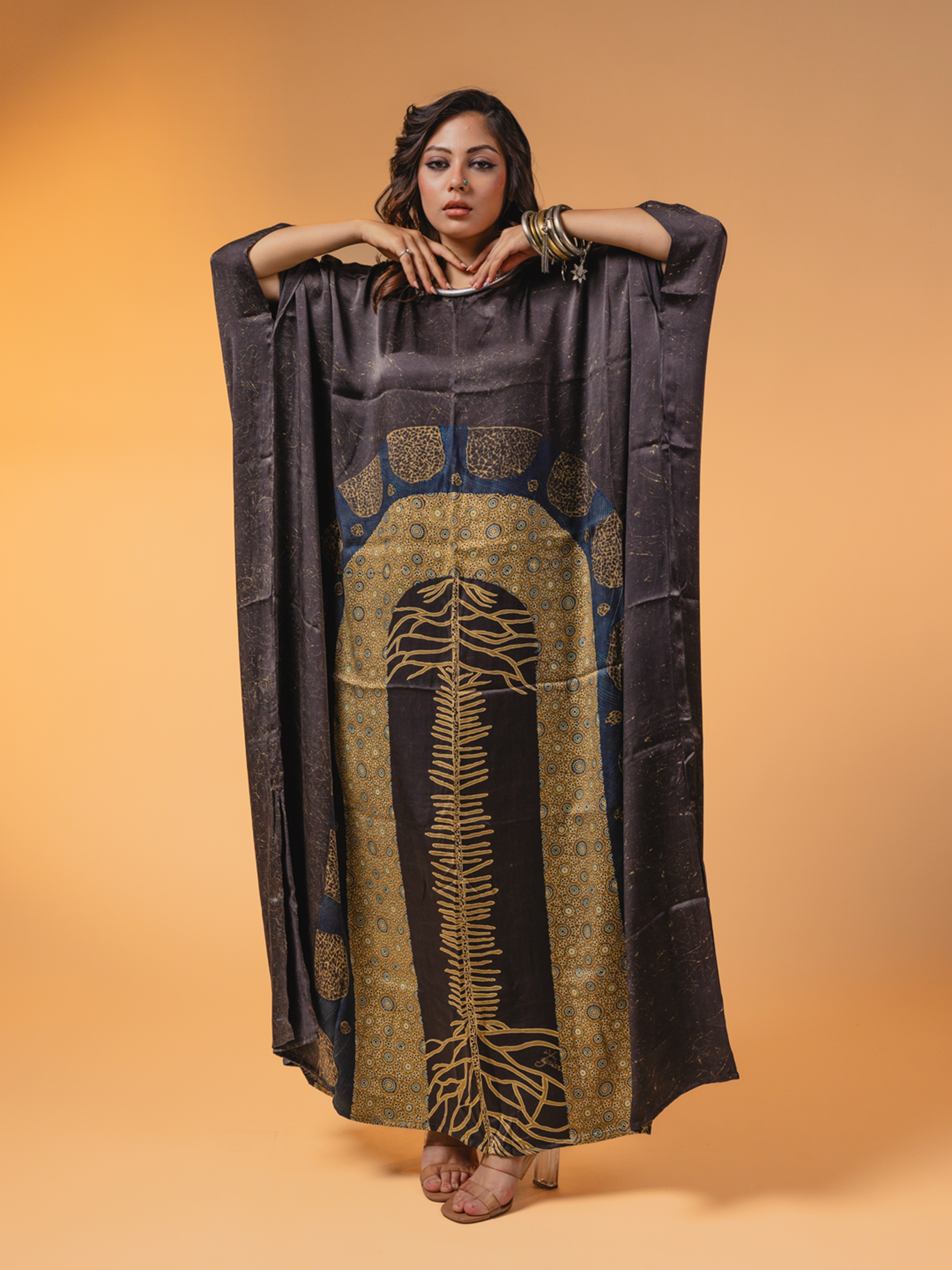 Ajrakh Satin Dress Black
