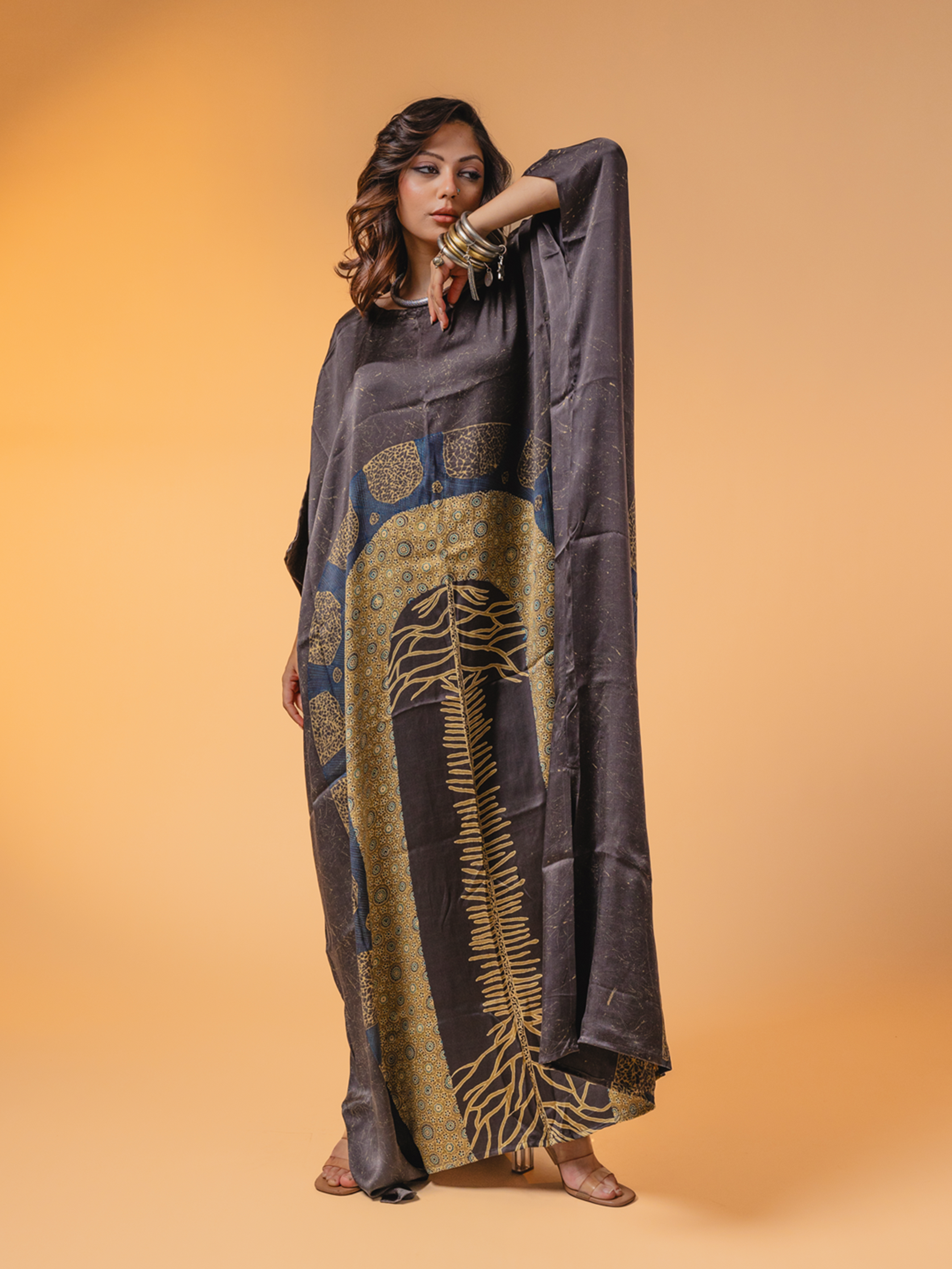 Ajrakh Satin Dress Black