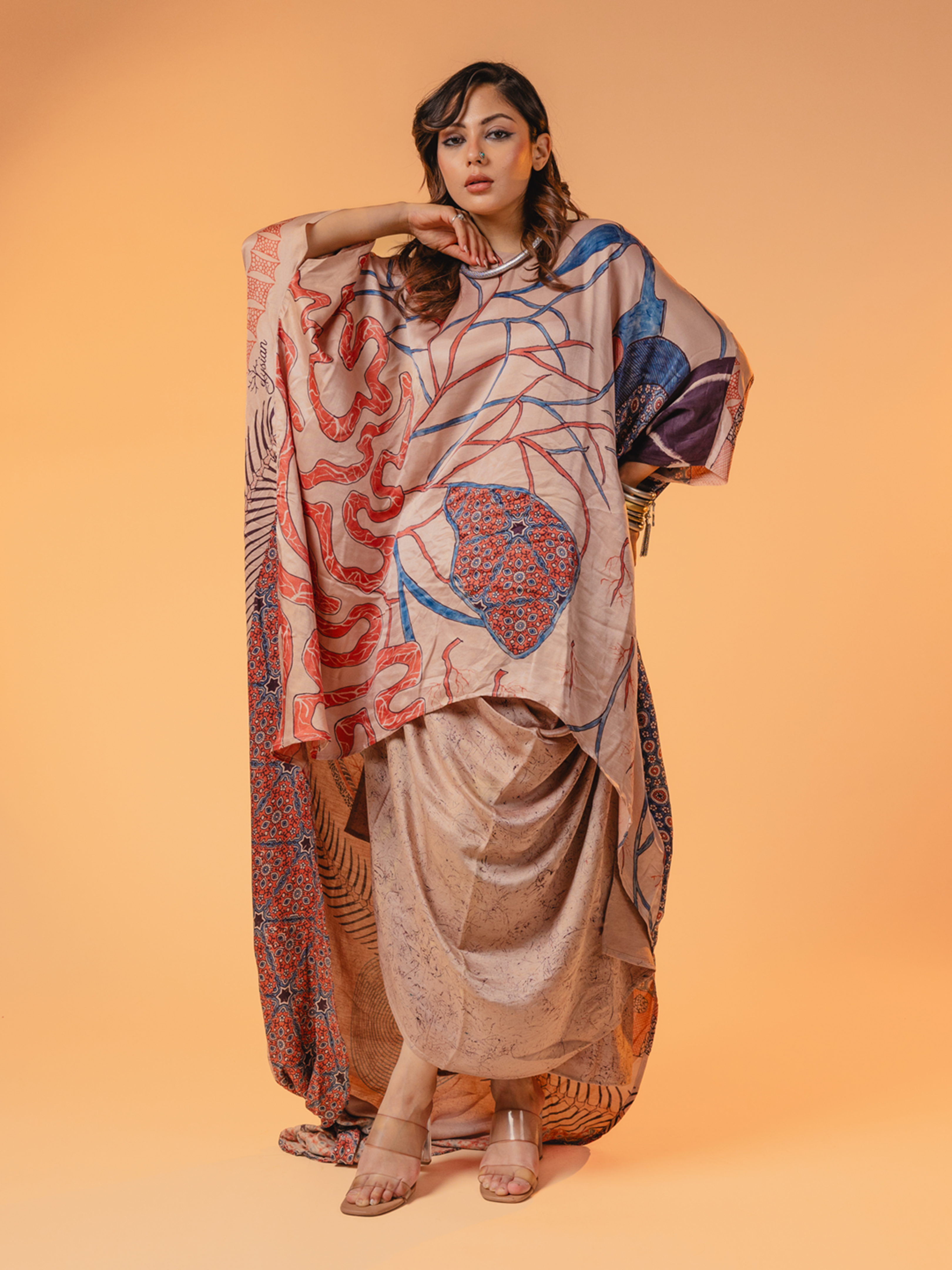 Ajrakh Silk Dress Beige