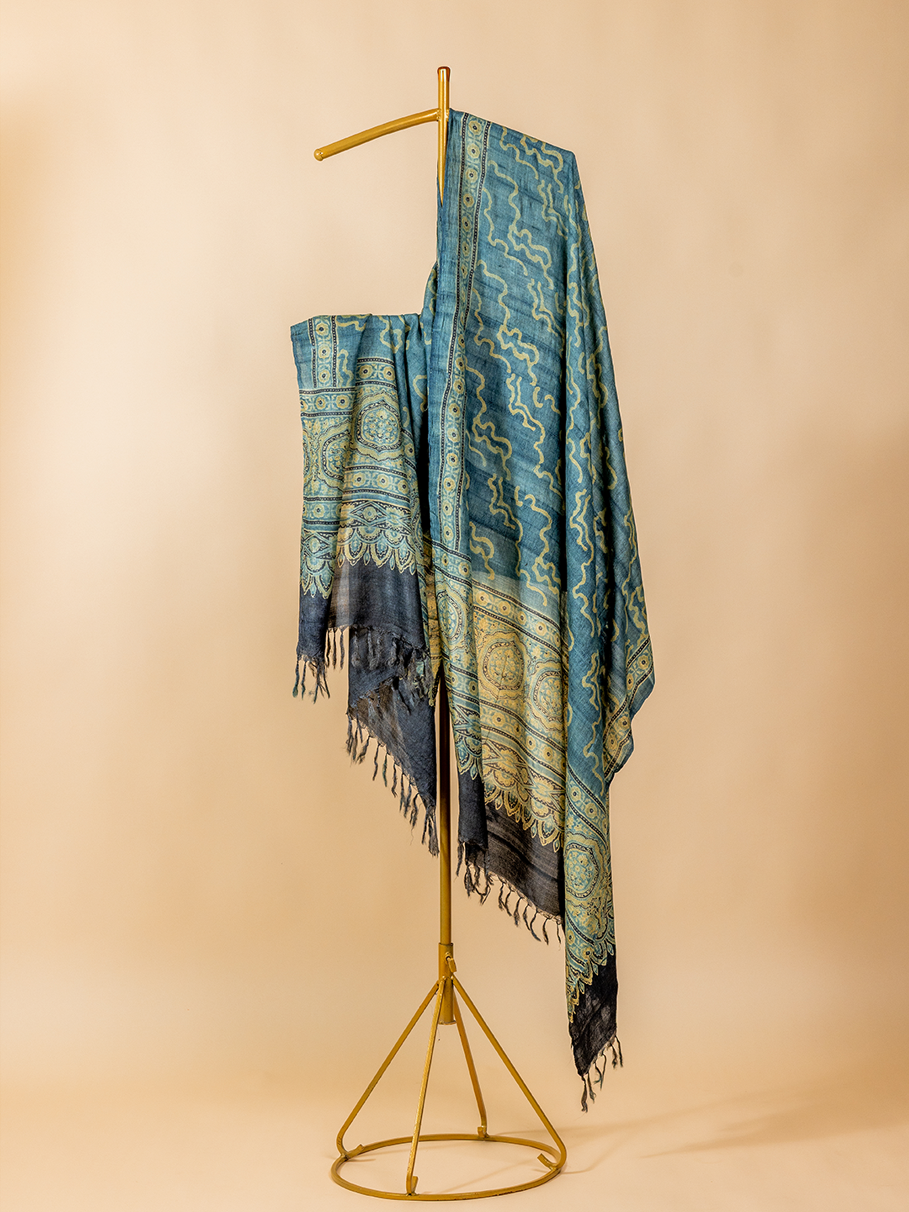Ajrakh Silk Dupatta Blue Waves
