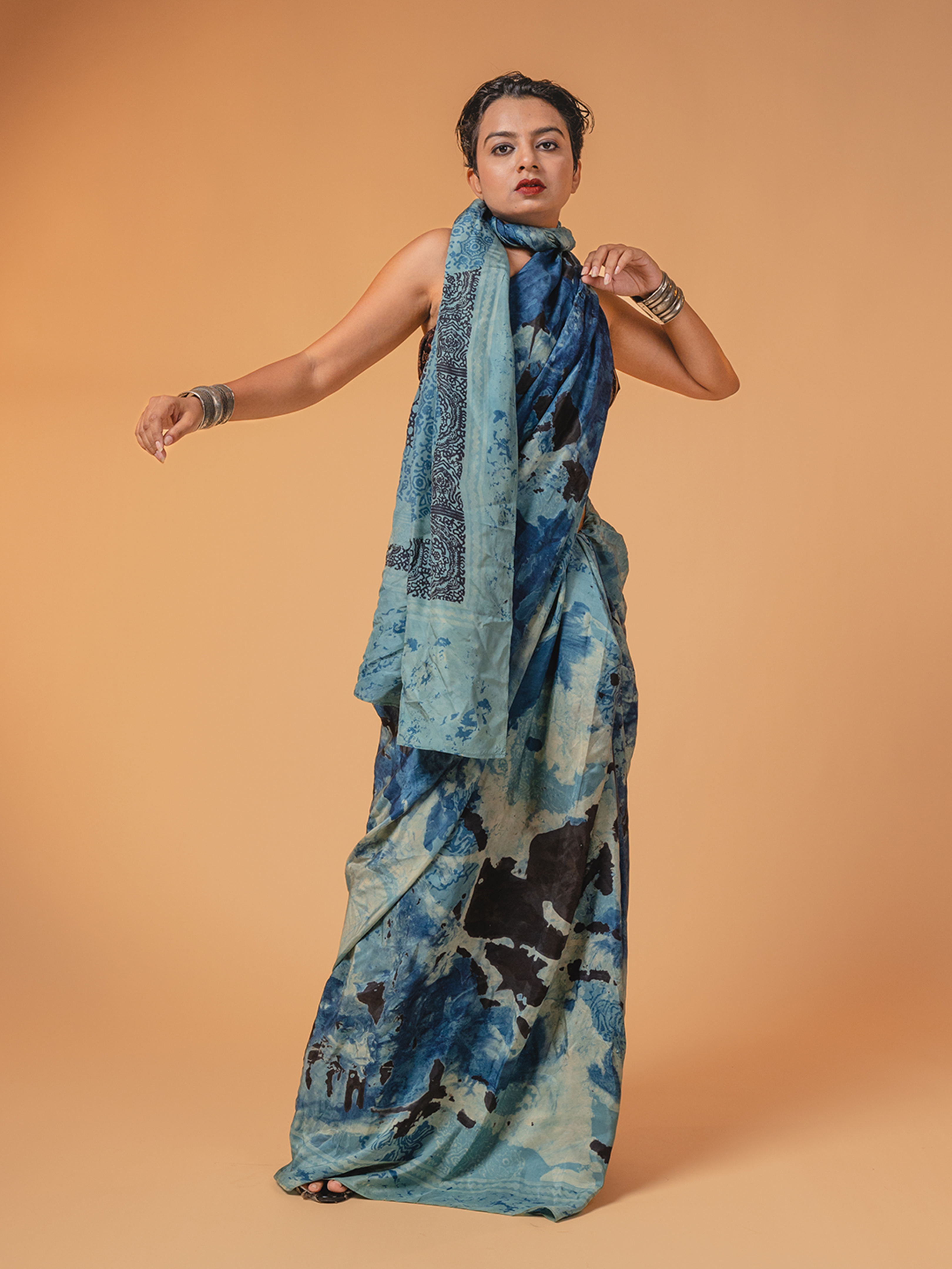 Ajrakh Silk Saree Light Blue