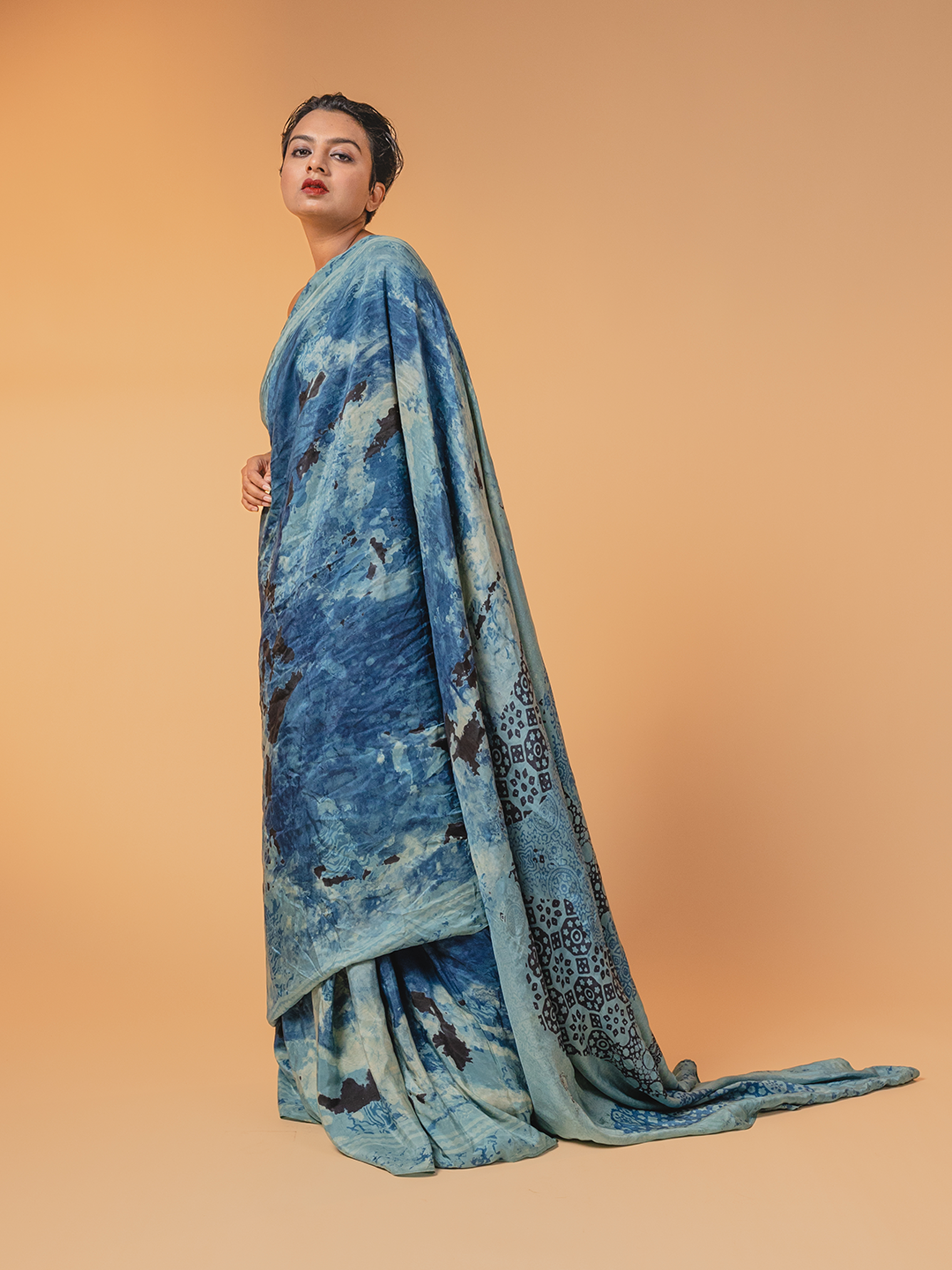 Ajrakh Silk Saree Light Blue