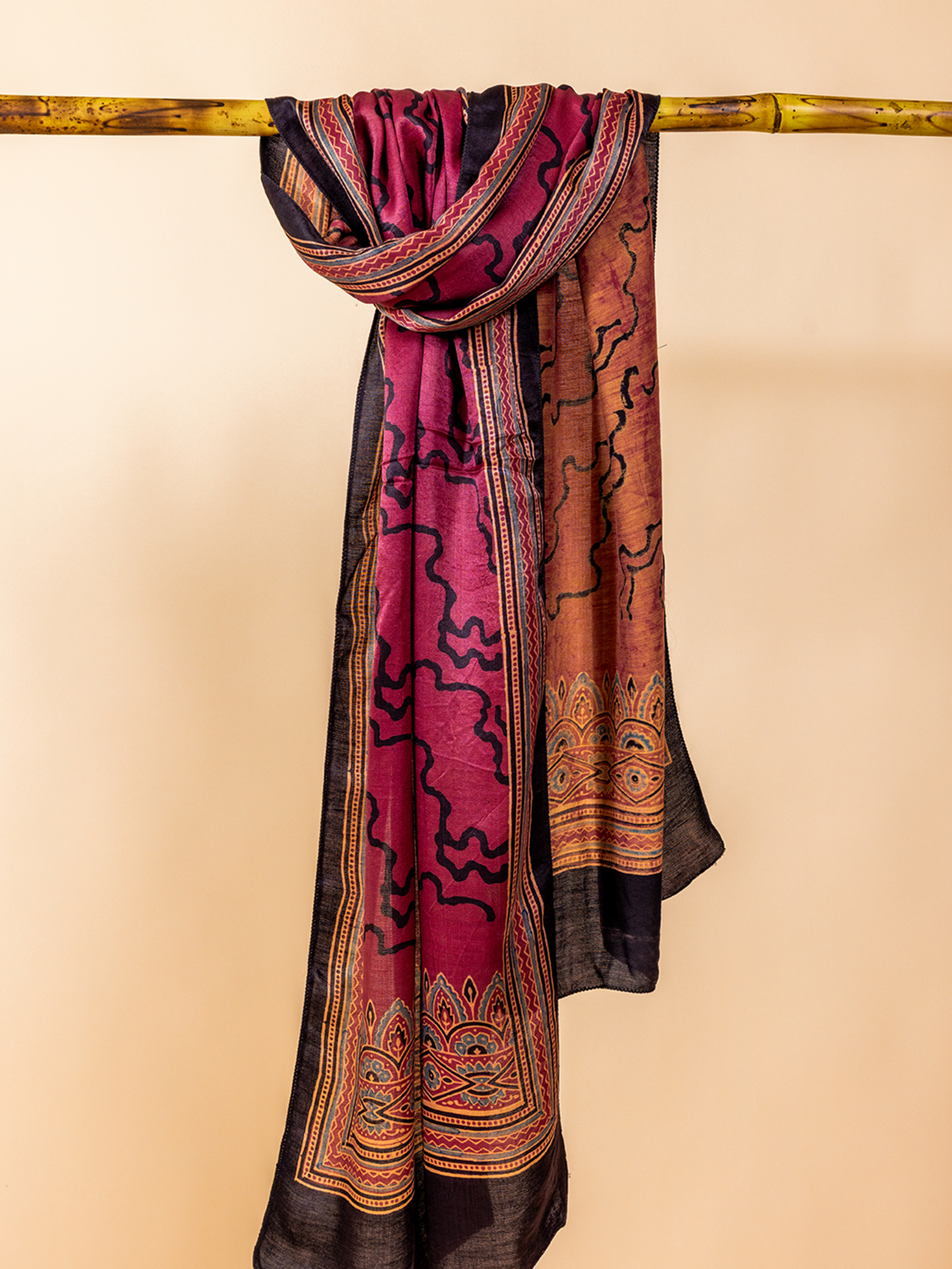 Ajrakh Silk Stole Maroon Waves