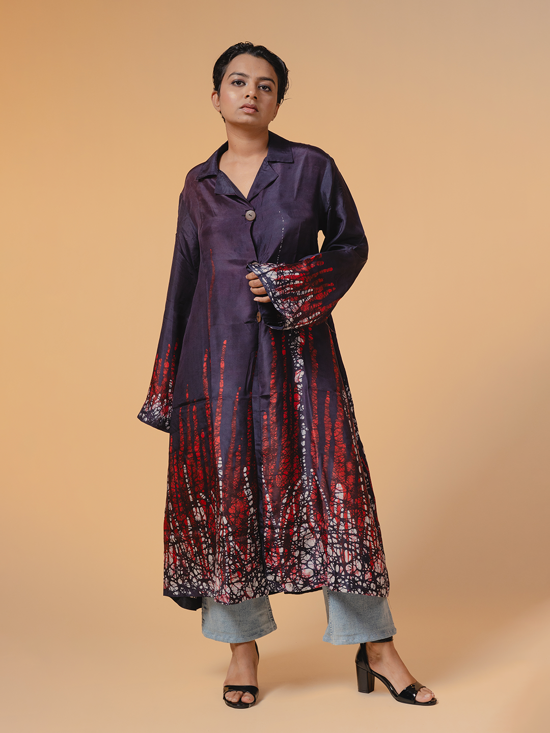 Batik Silk Button-down Tunic Black, Red & White