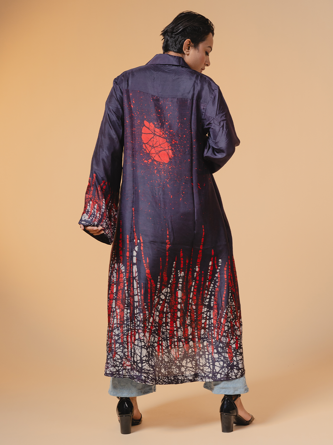Batik Silk Button-down Tunic Black, Red & White