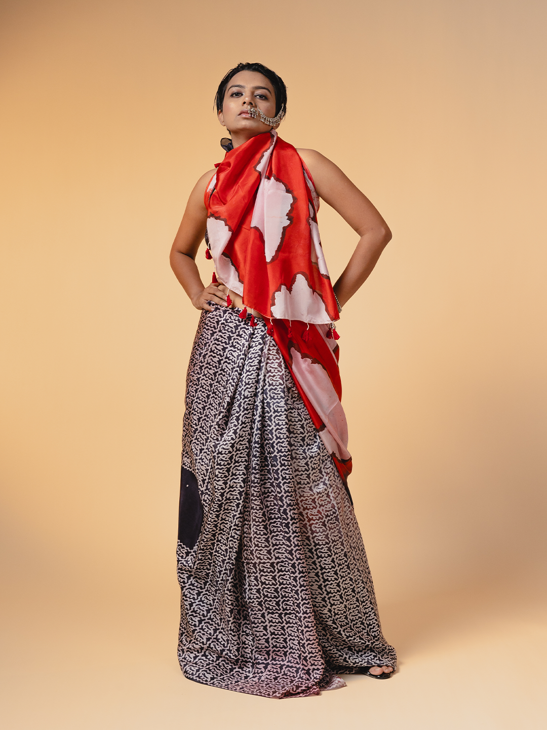 Batik Silk Saree Black, Red & White Charkaliya