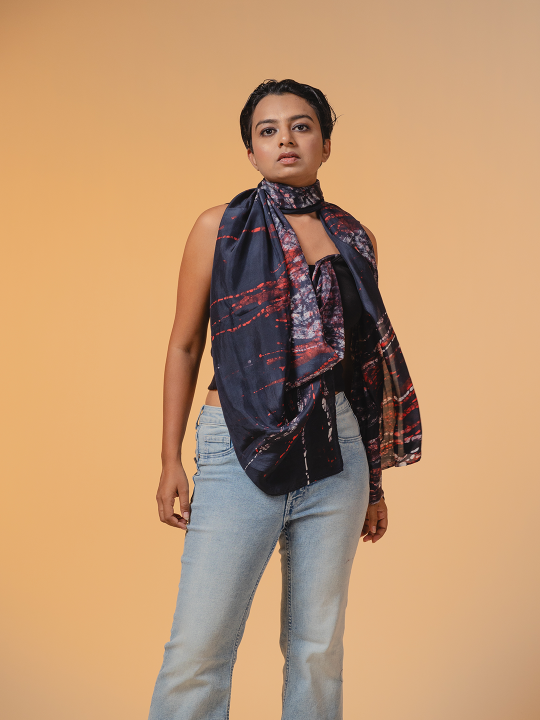 Batik Silk Stole Black, Red & White Flow