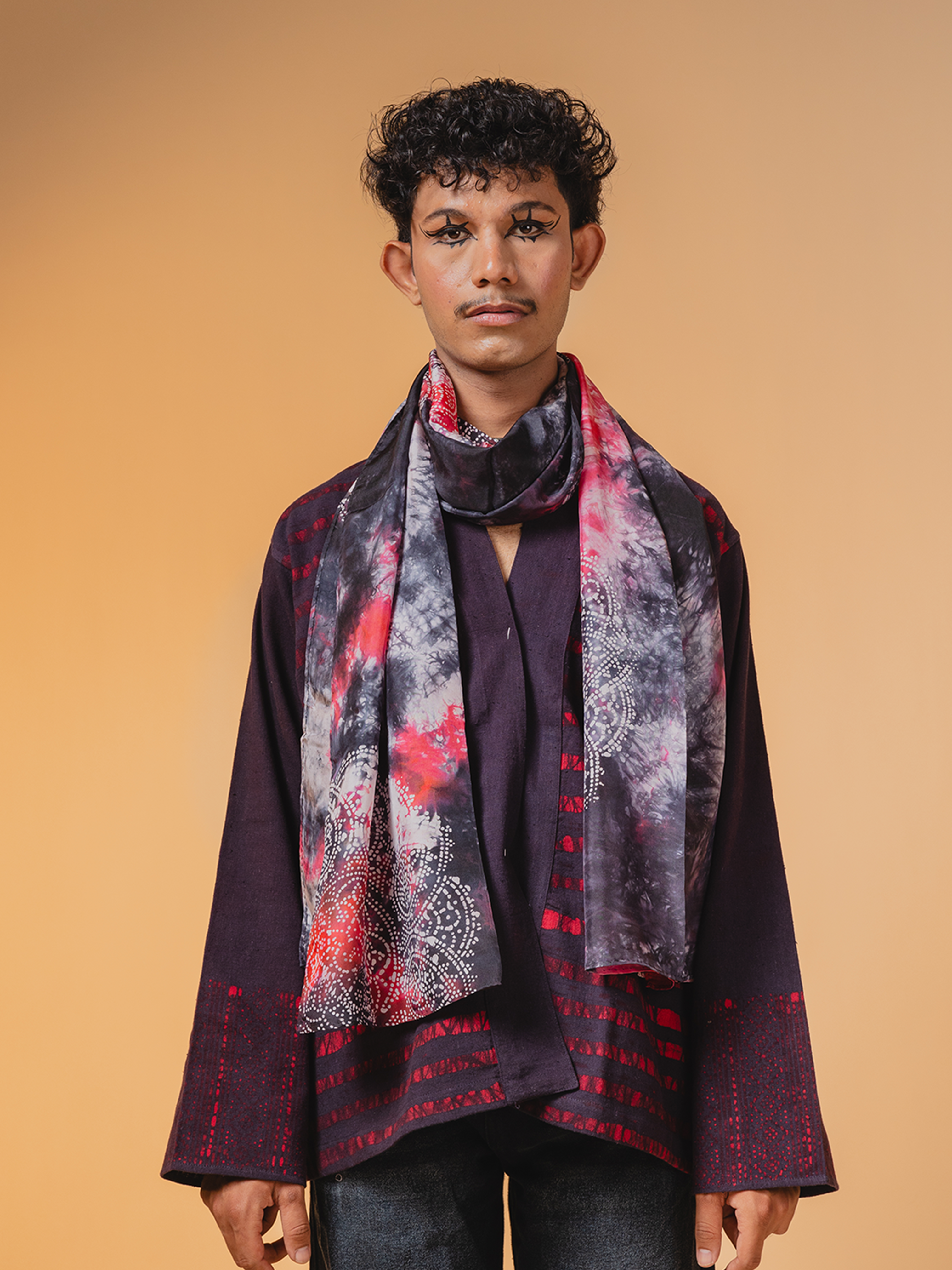 Batik Silk Stole Grey, Red & White