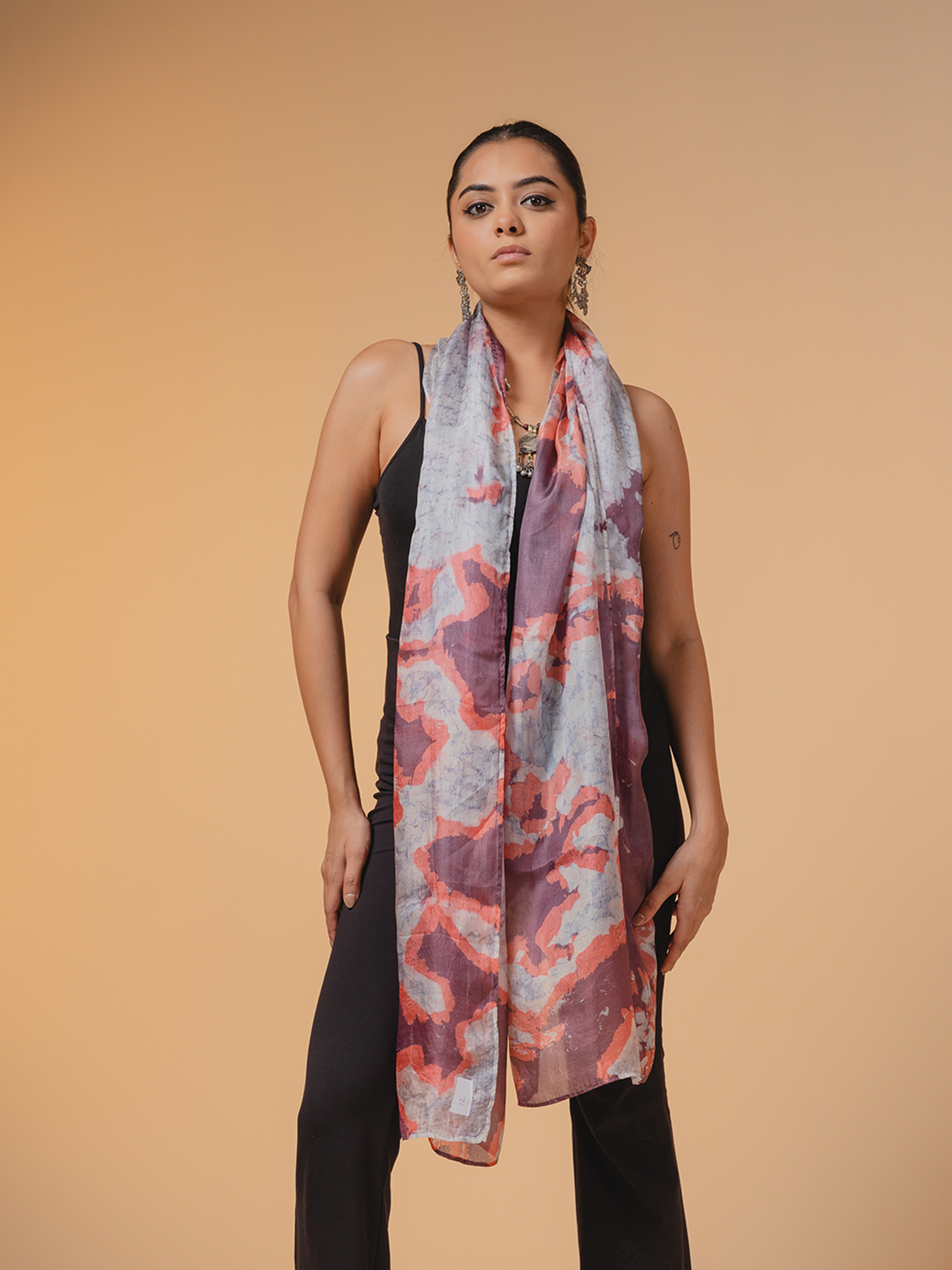 Batik Silk Stole Grey, Peach & Purple