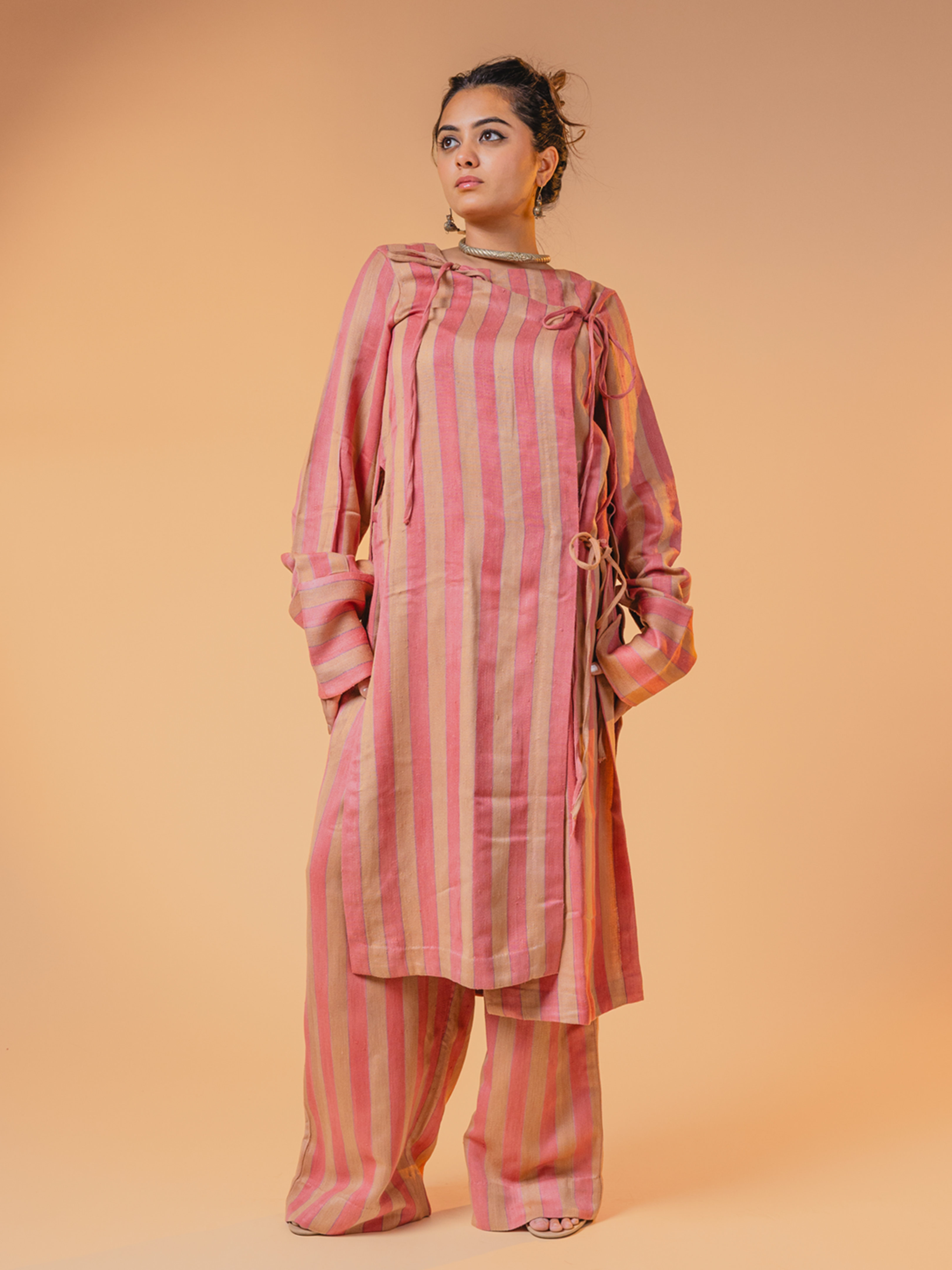 Eri Silk Mashru Kediya Kurti Set Pink & Beige