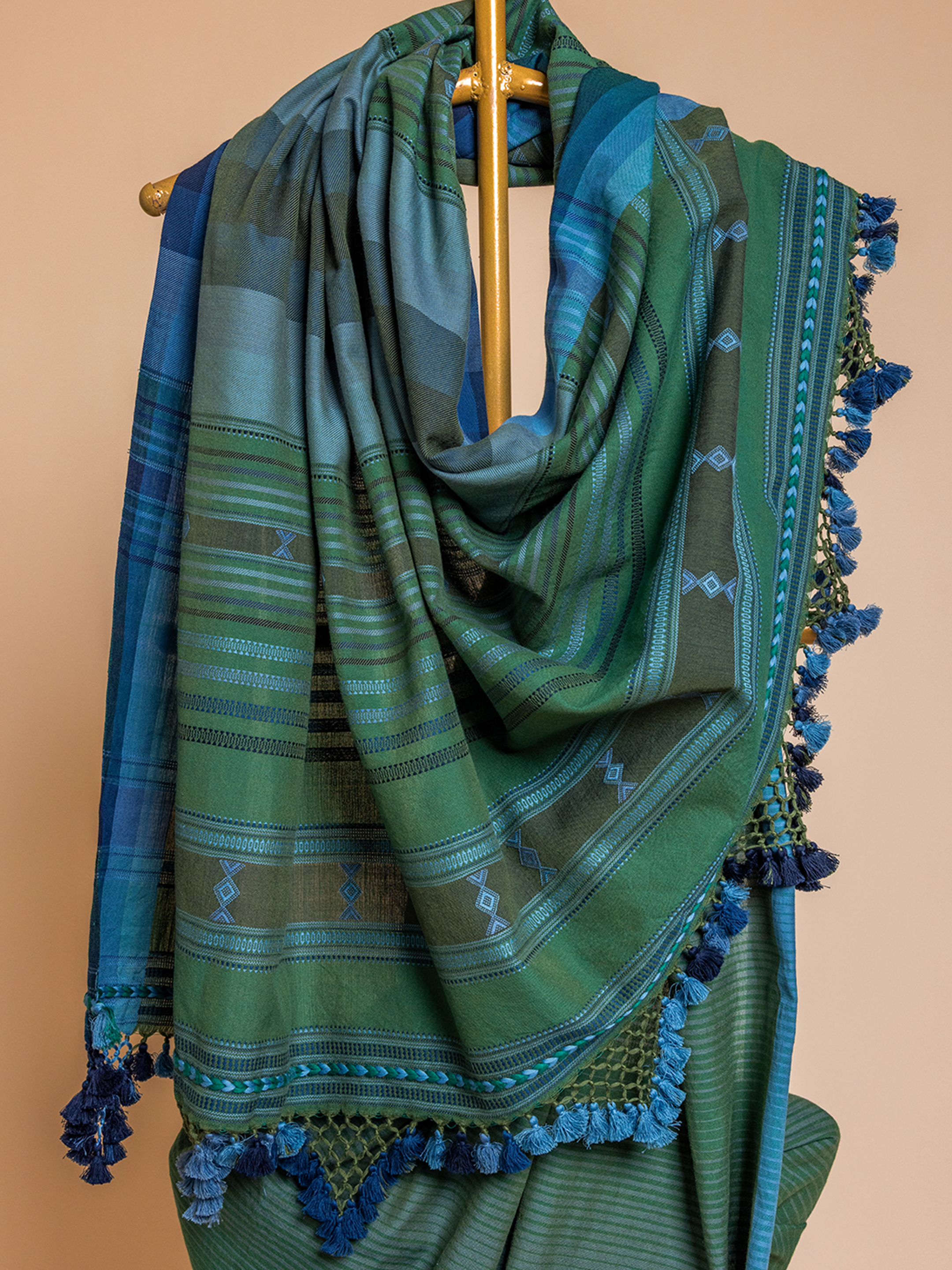 Extra- Weft Cotton Saree Green & Blue