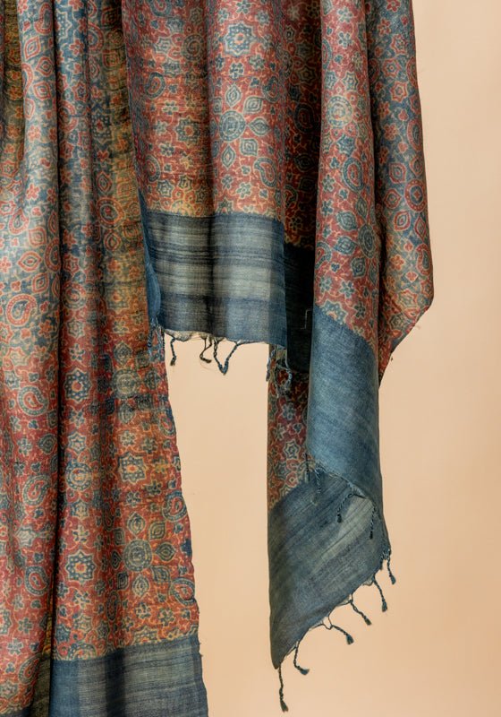 Ajrakh Silk Dupatta Blue & Red