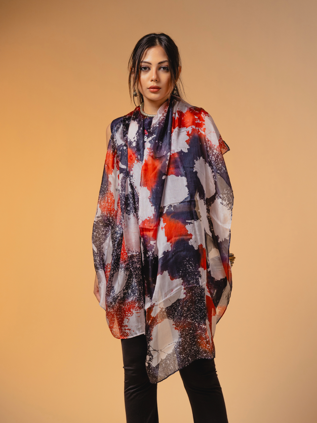 Batik  Silk Stole Black, Red & White
