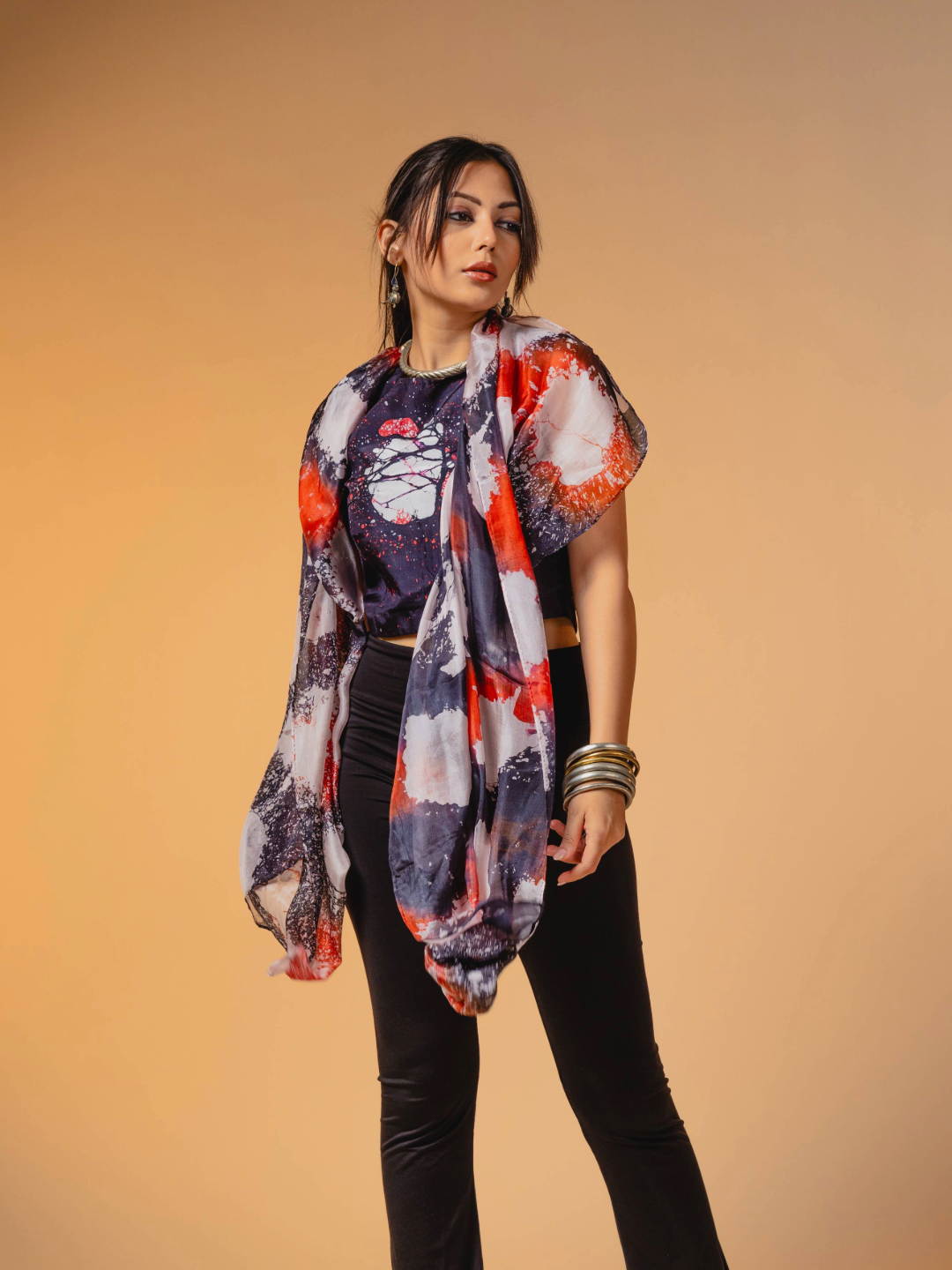 Batik  Silk Stole Black, Red & White