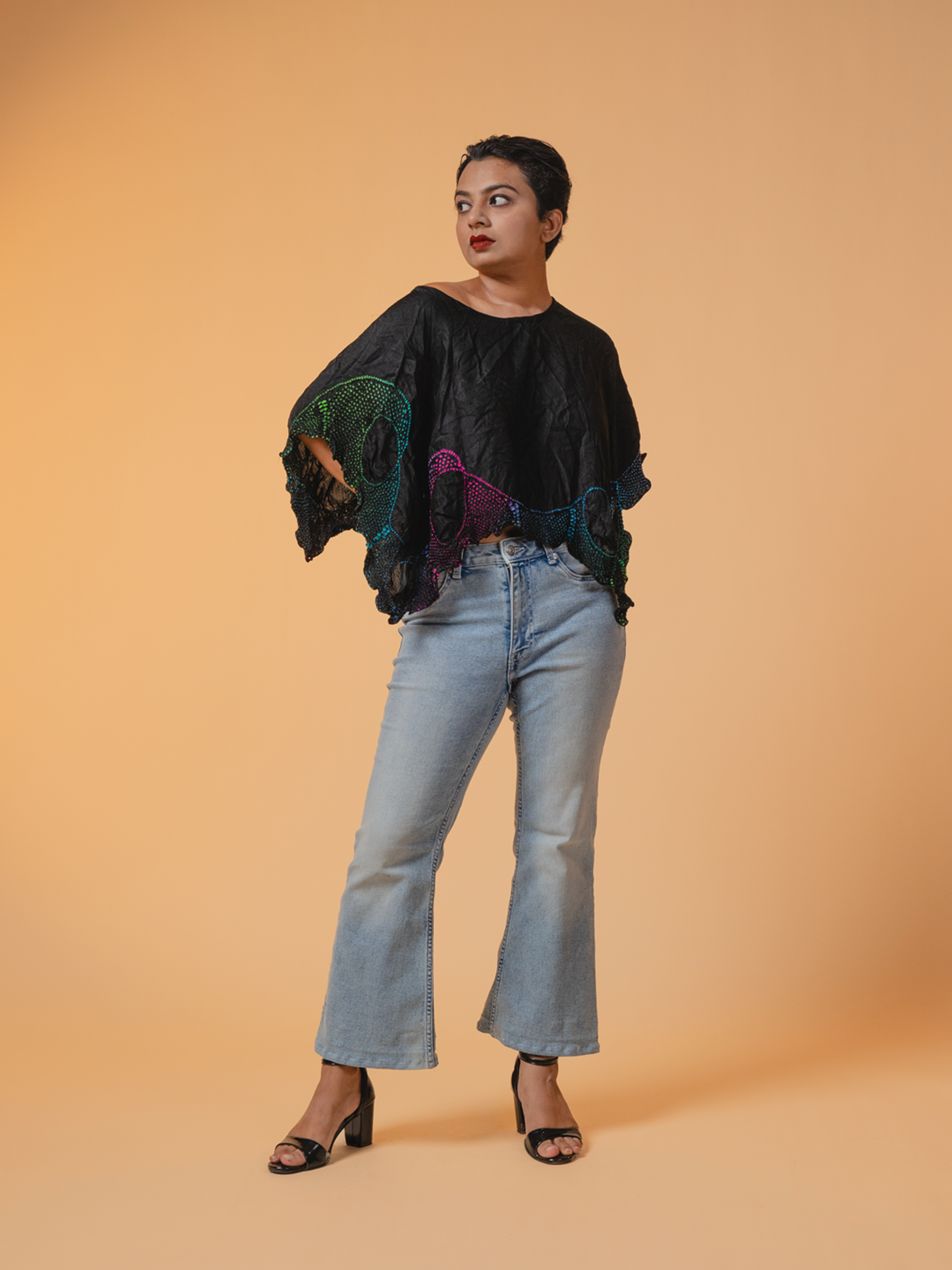 Bandhani Silk Top Black Waves