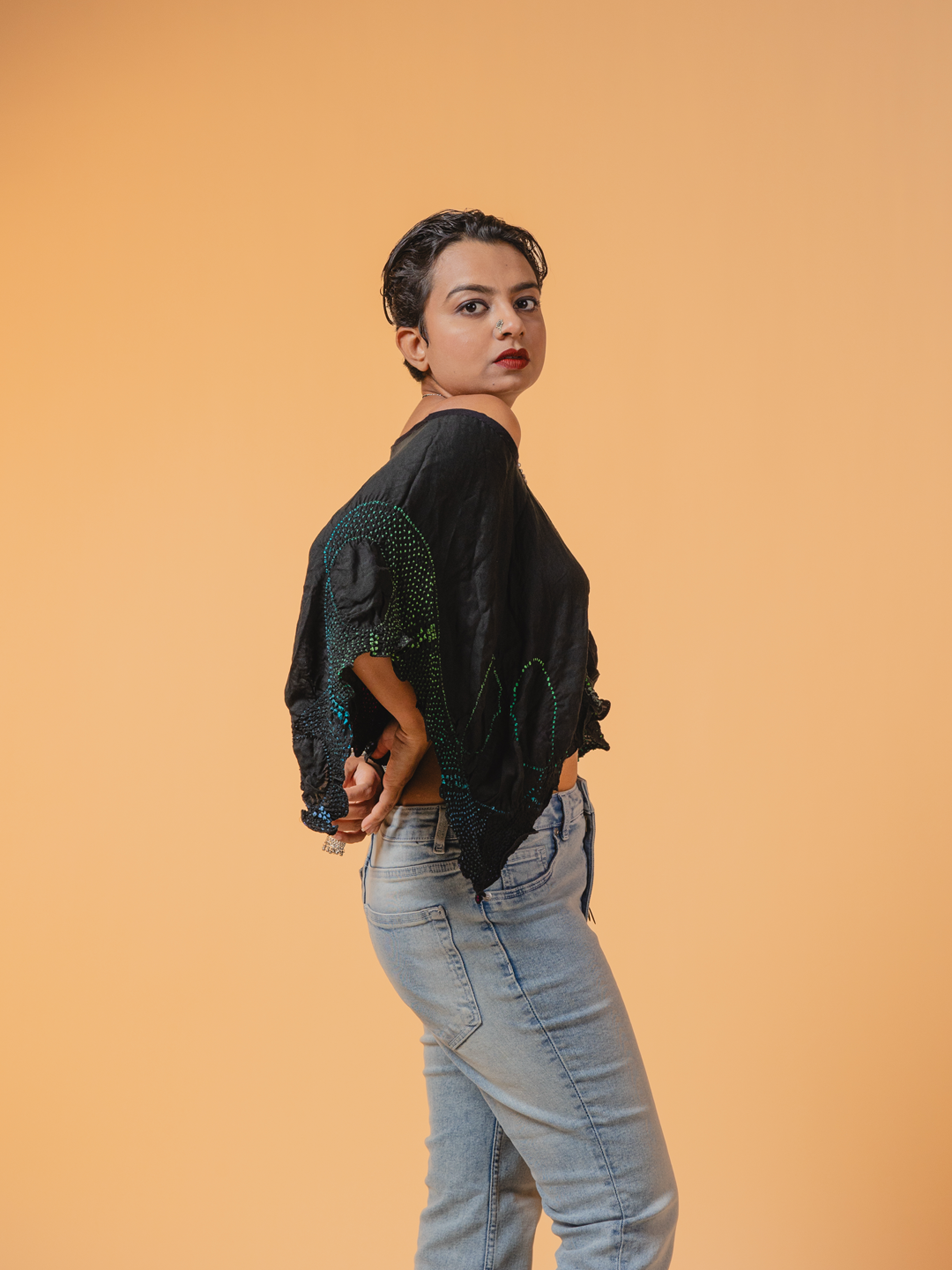 Bandhani Silk Top Black Waves