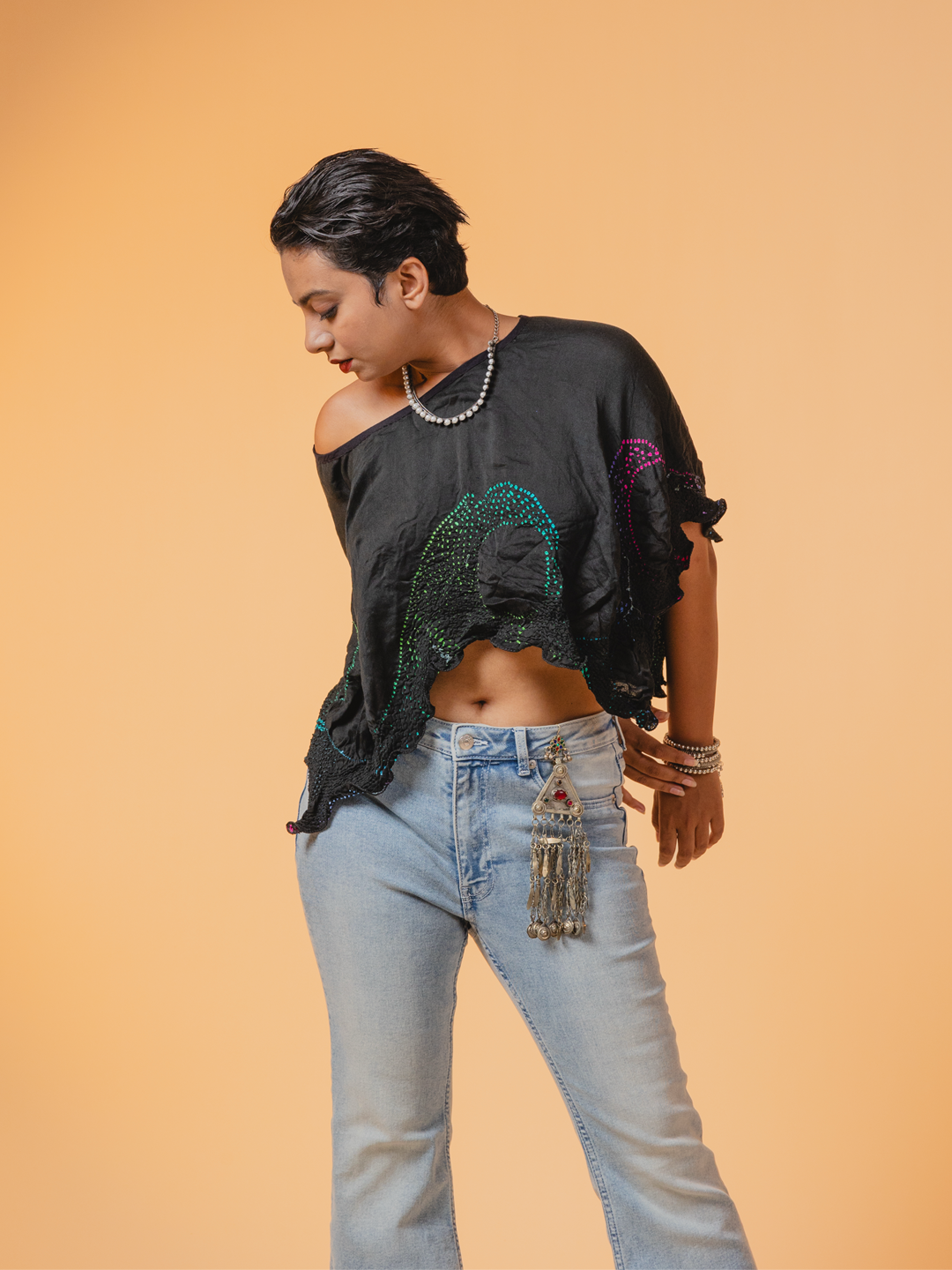 Bandhani Silk Top Black Waves