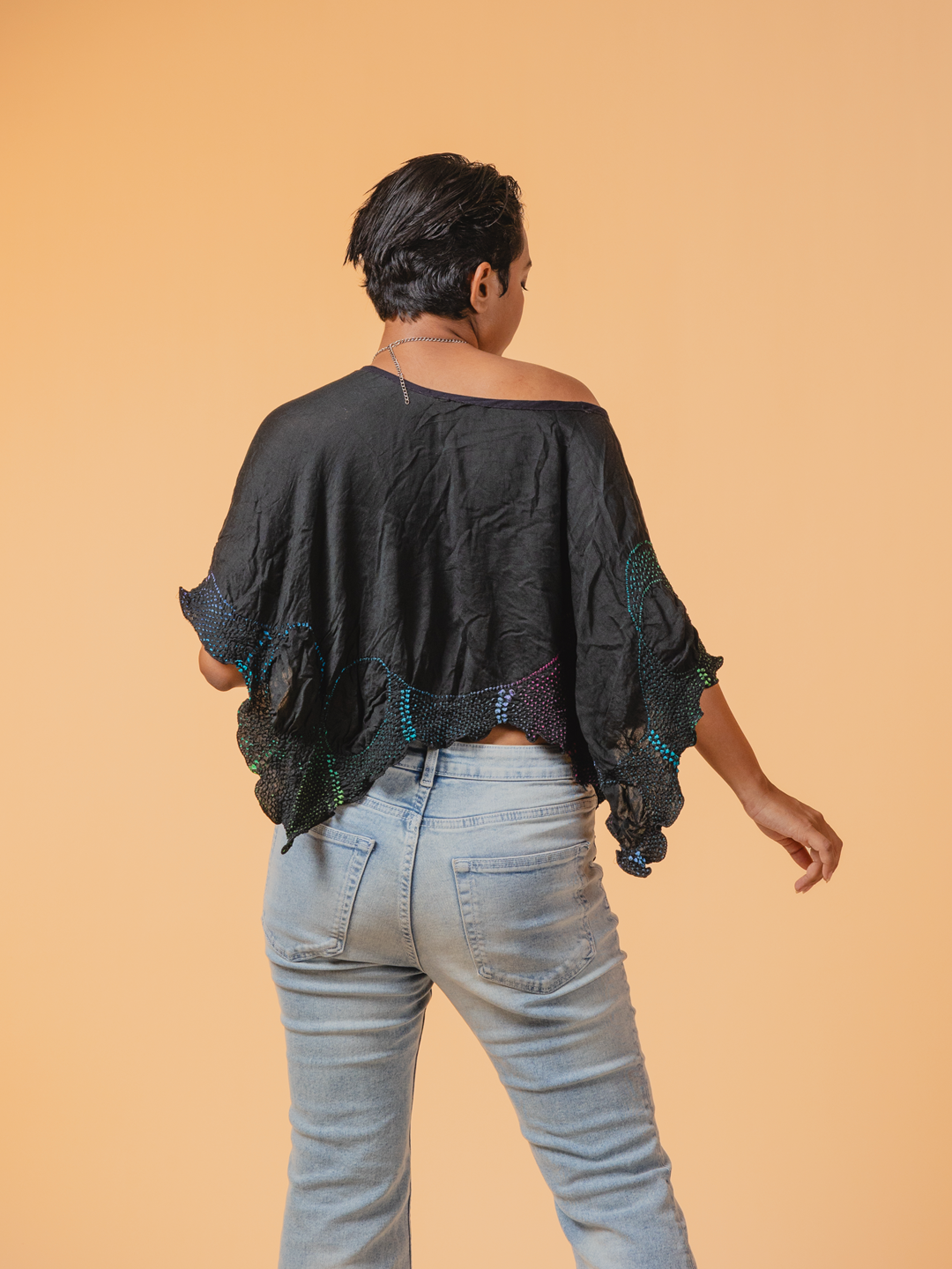 Bandhani Silk Top Black Waves