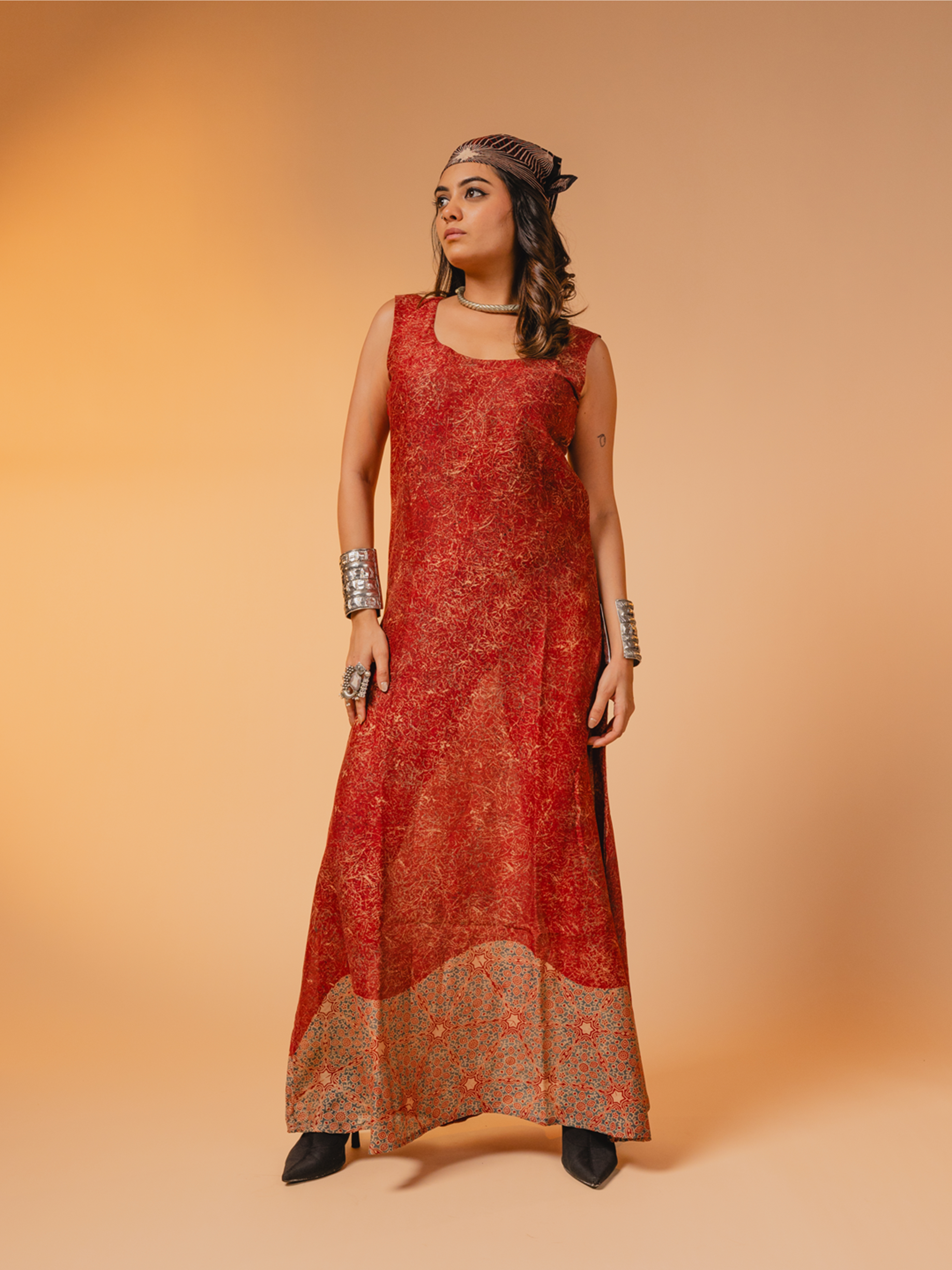 Ajrakh Chanderi Dress Red