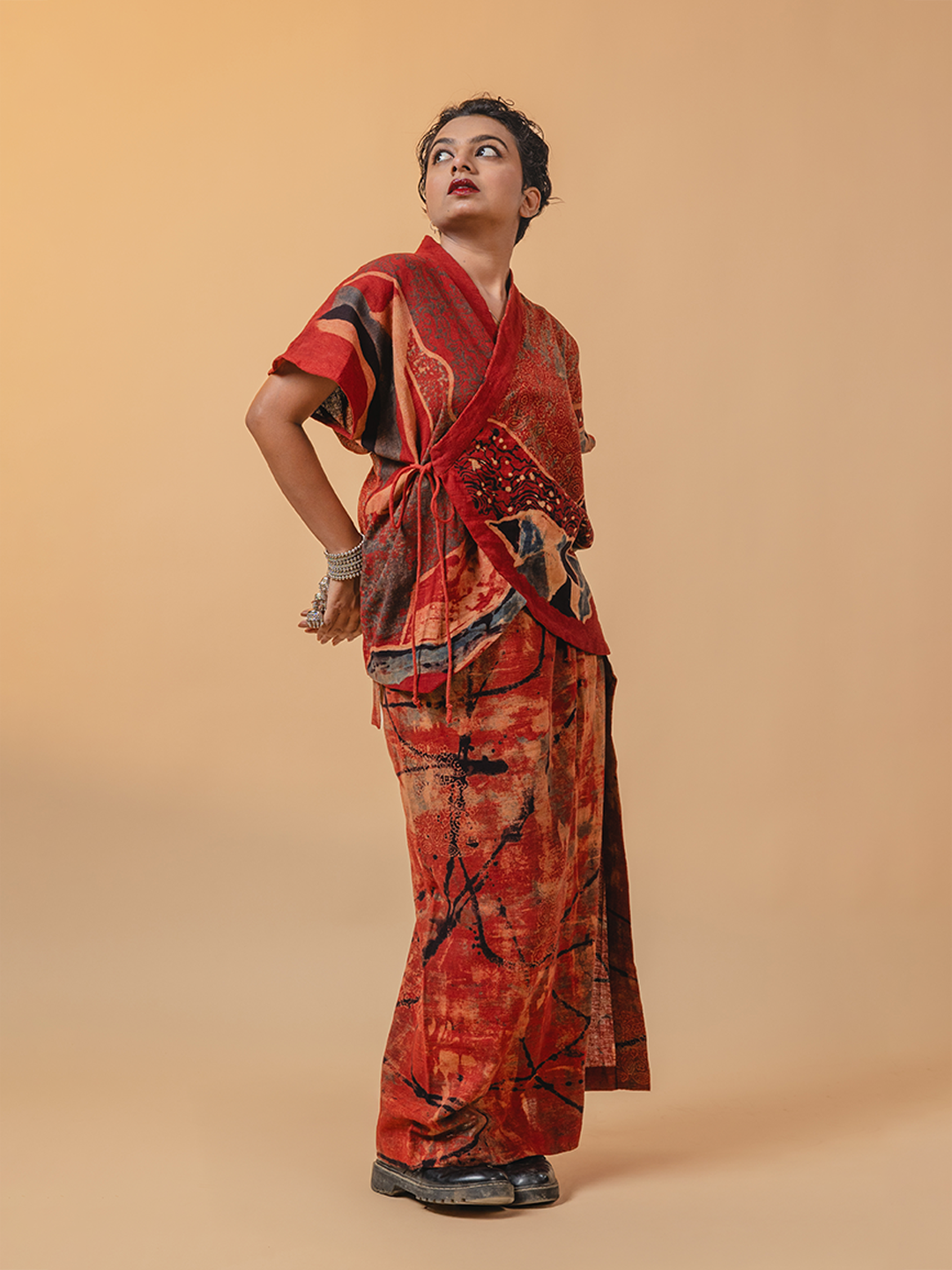 Ajrakh Kala Cotton Kimono Kedia Set Red