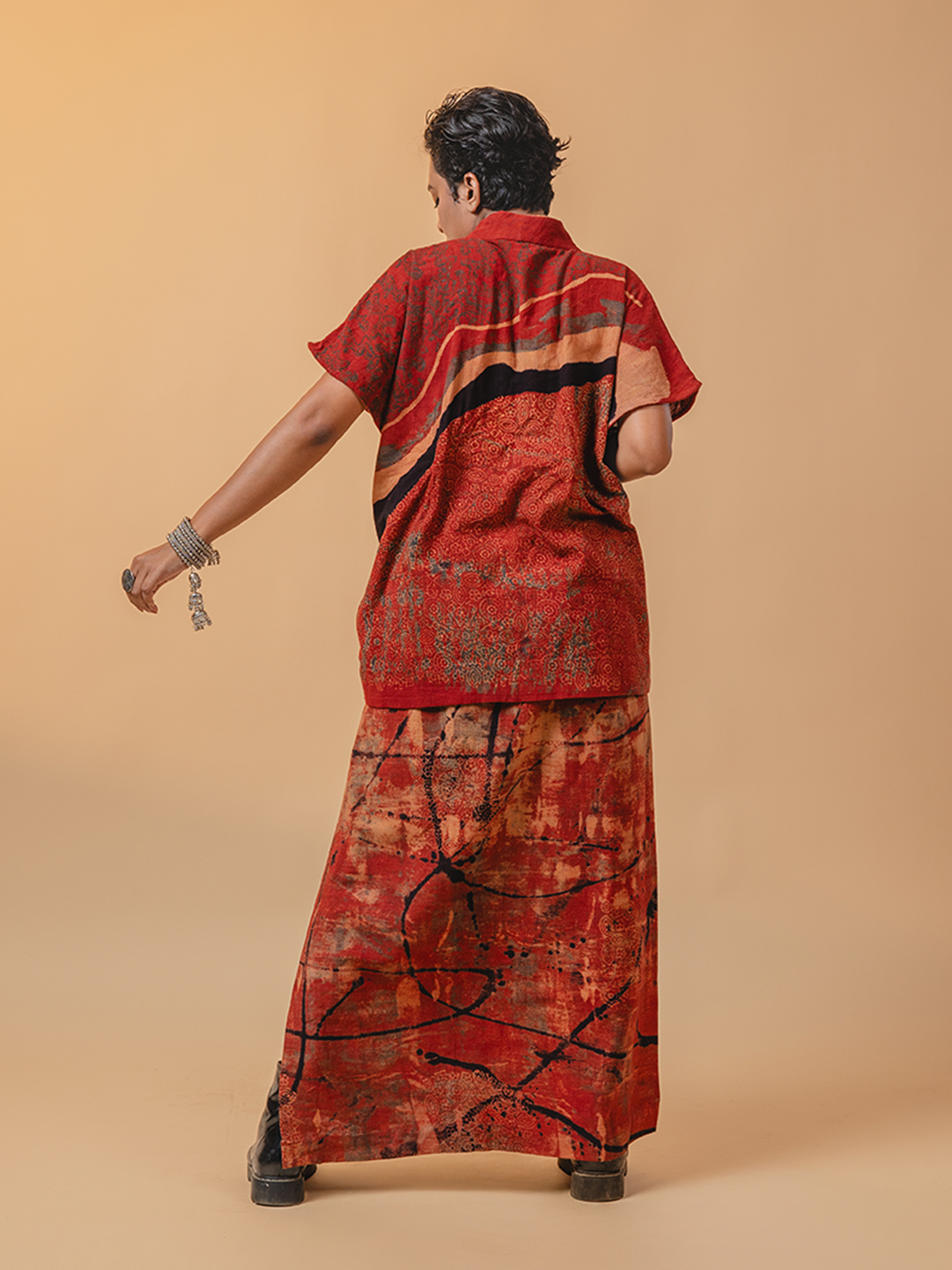 Ajrakh Kala Cotton Kimono Kedia Set Red