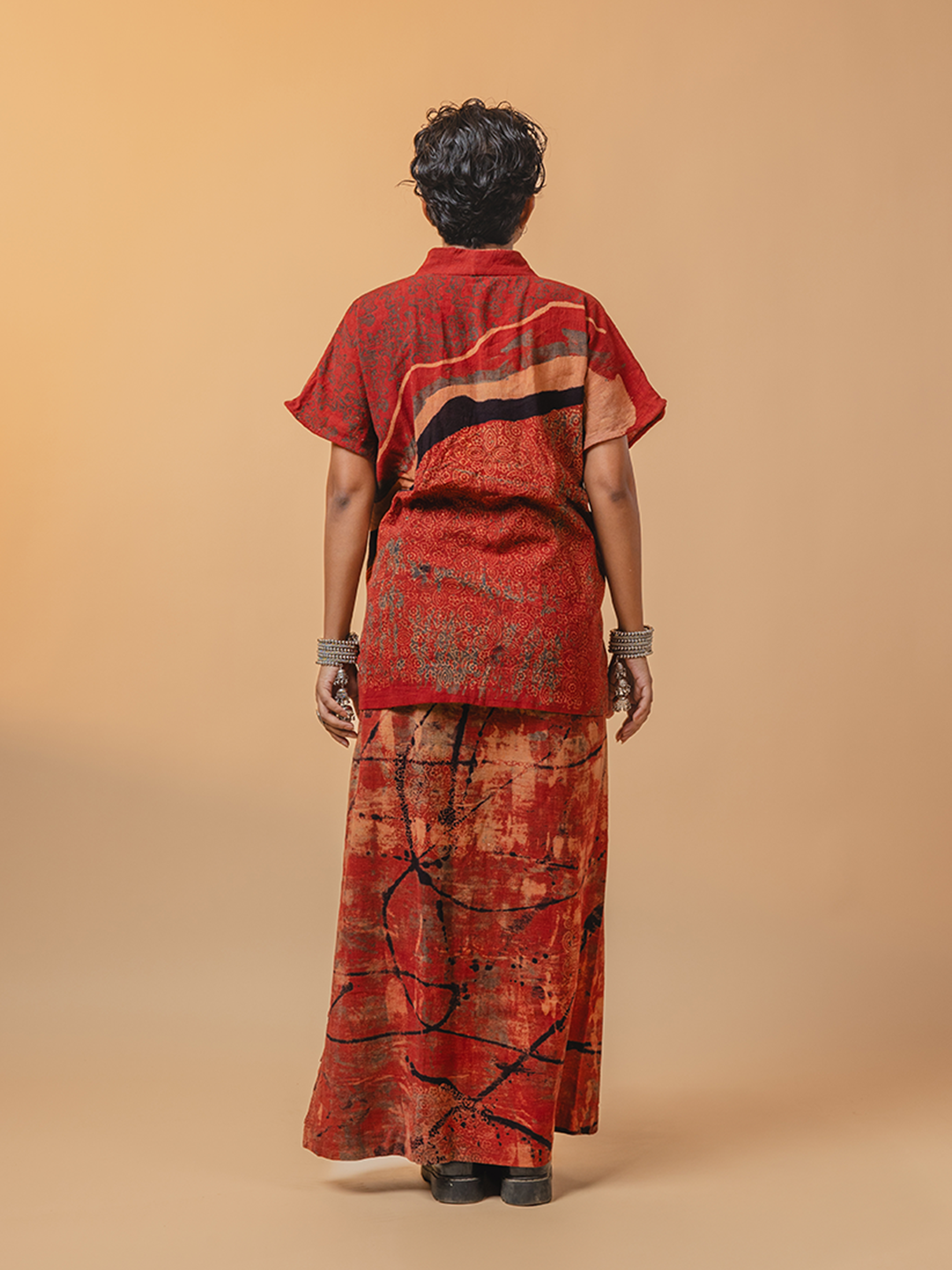 Ajrakh Kala Cotton Kimono Kedia Set Red