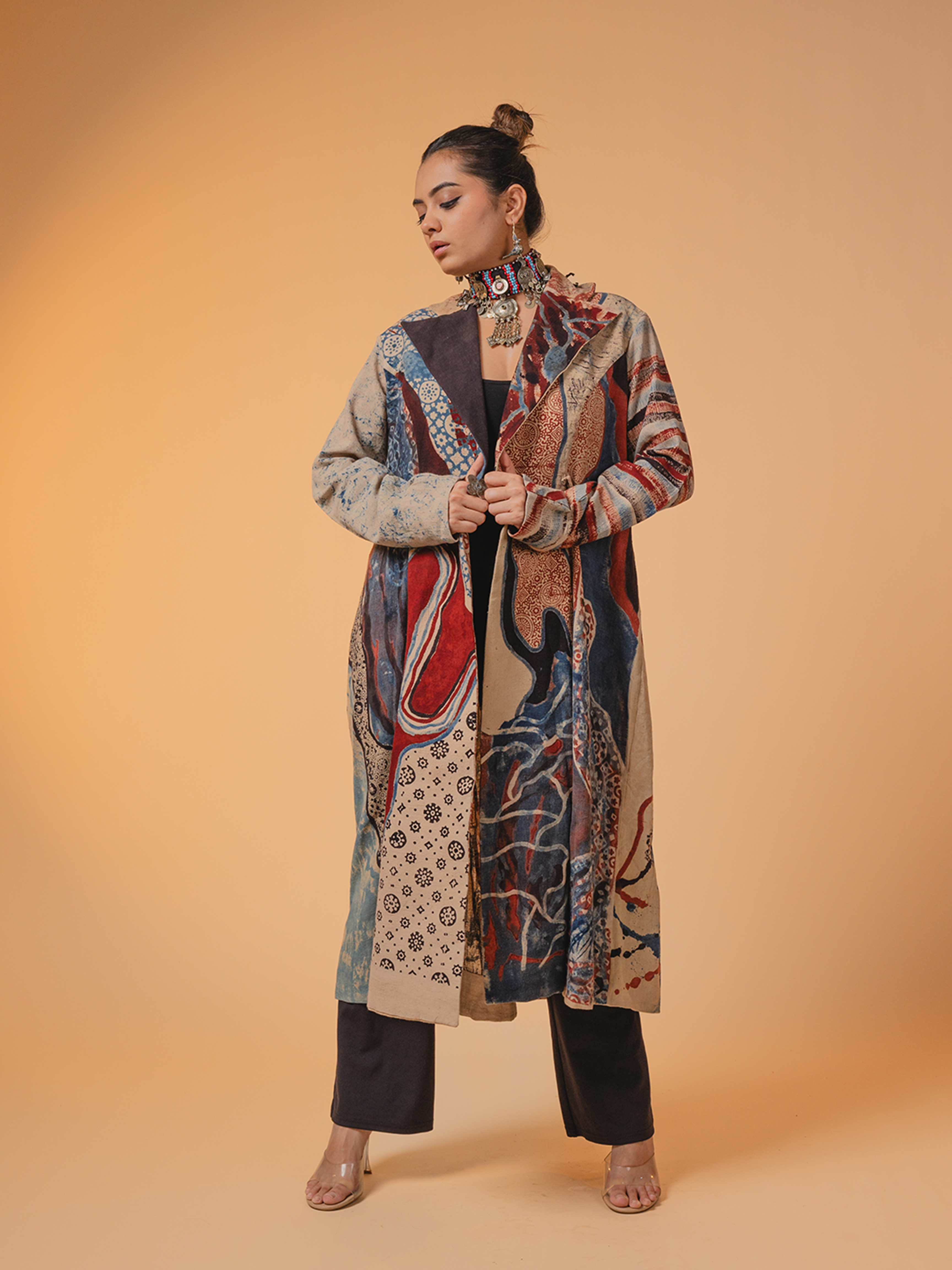 Ajrakh Kala Cotton Trench Coat Multicolour