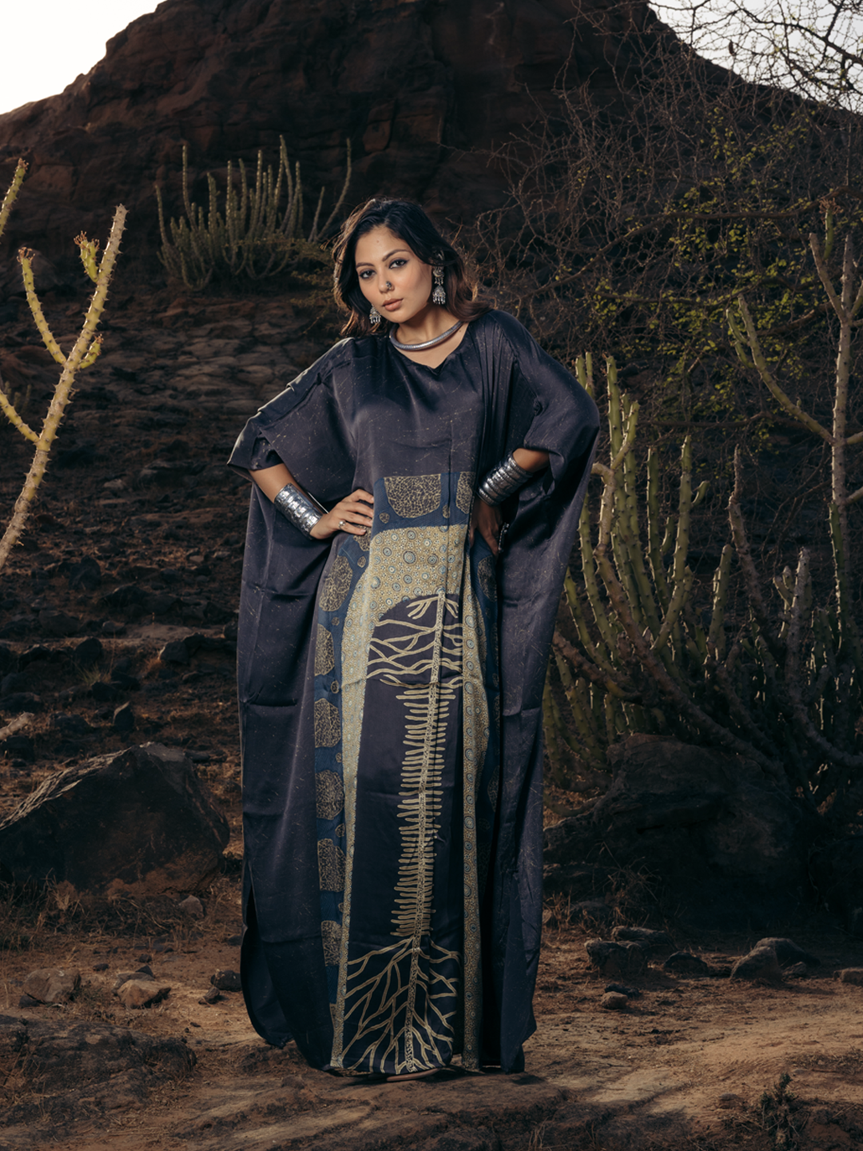 Ajrakh Satin Dress Black