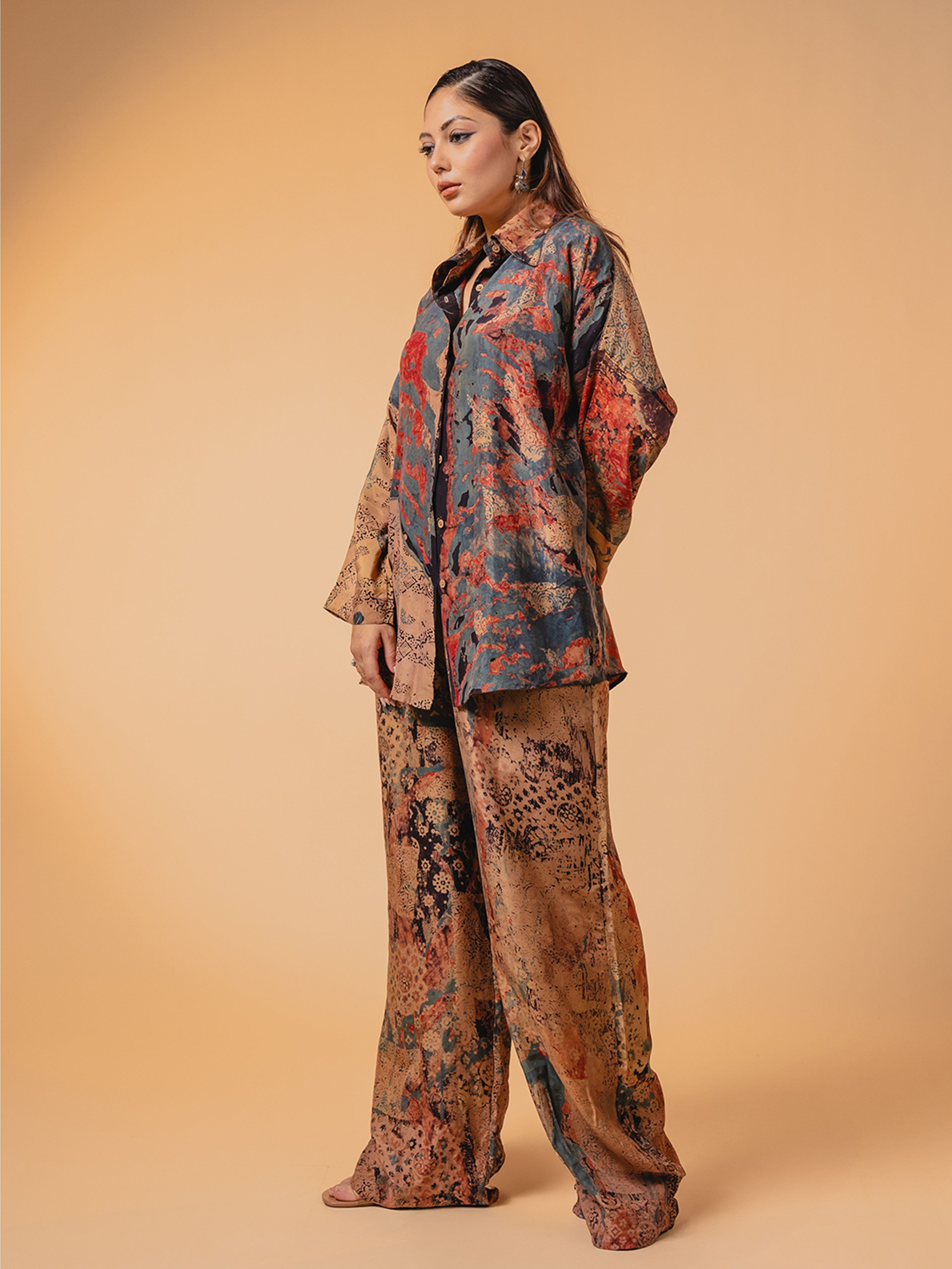 Ajrakh Silk Co-ord Set Beige