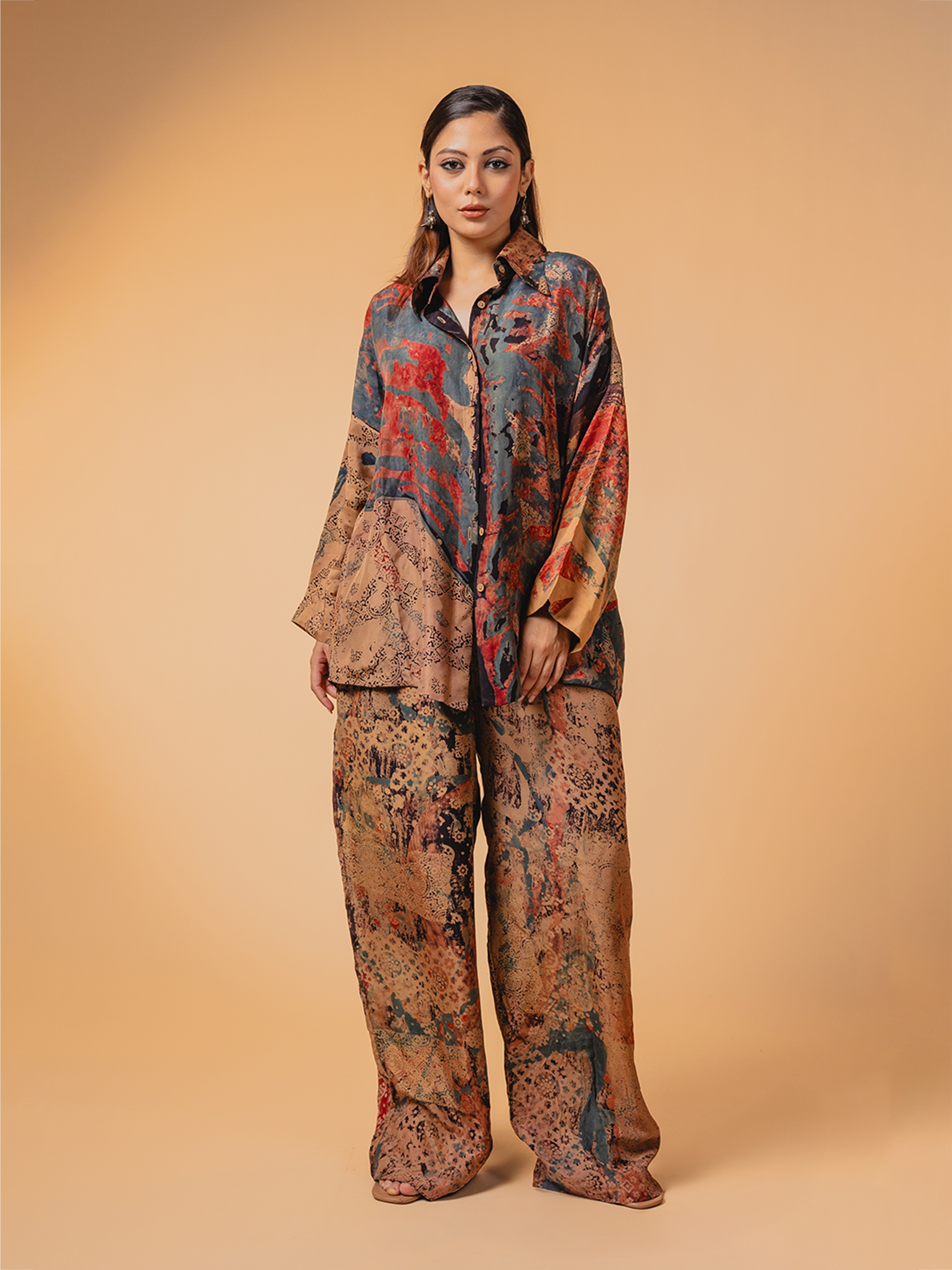 Ajrakh Silk Co-ord Set Beige