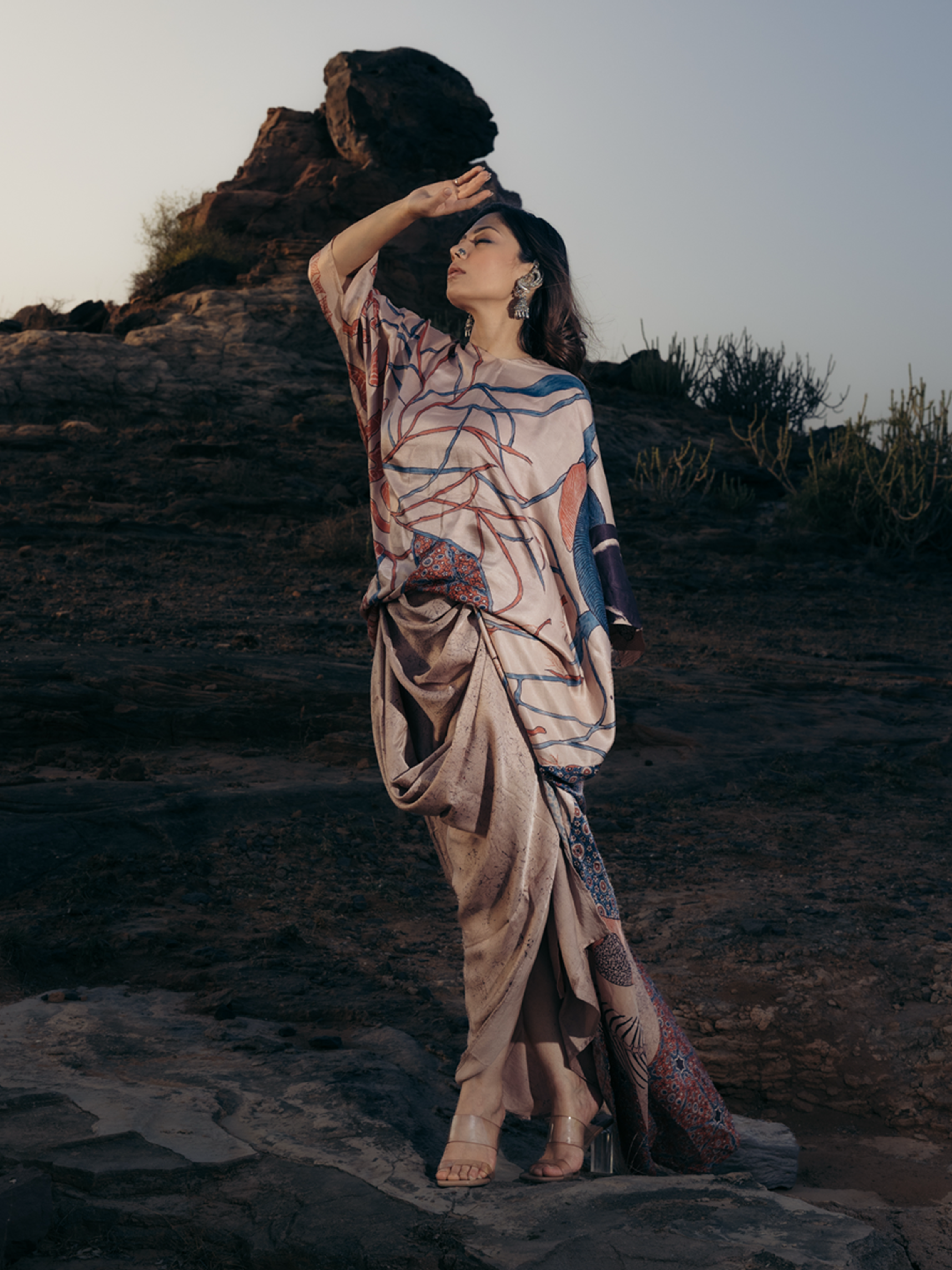 Ajrakh Silk Dress Beige
