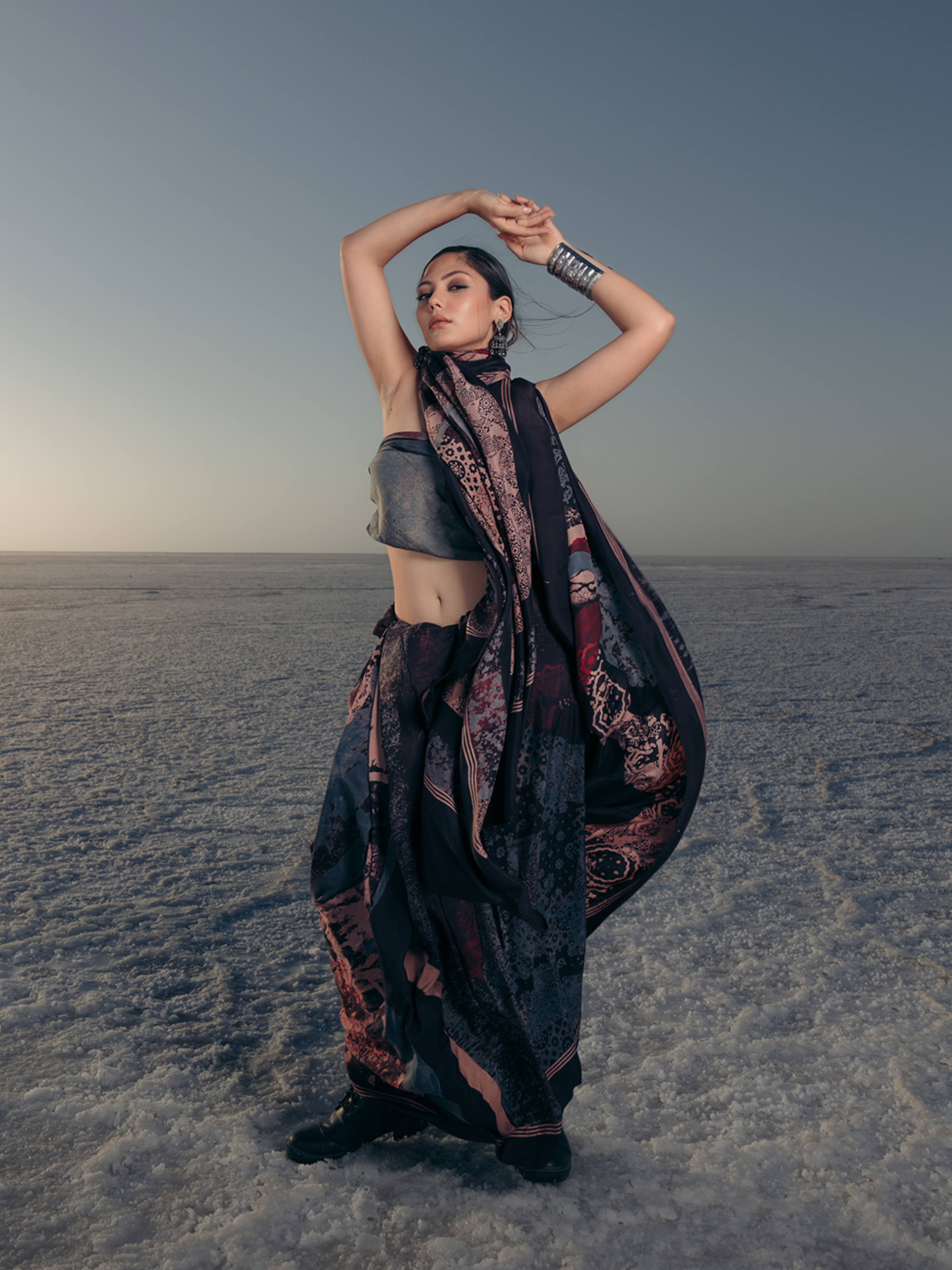 Ajrakh Silk Saree Black