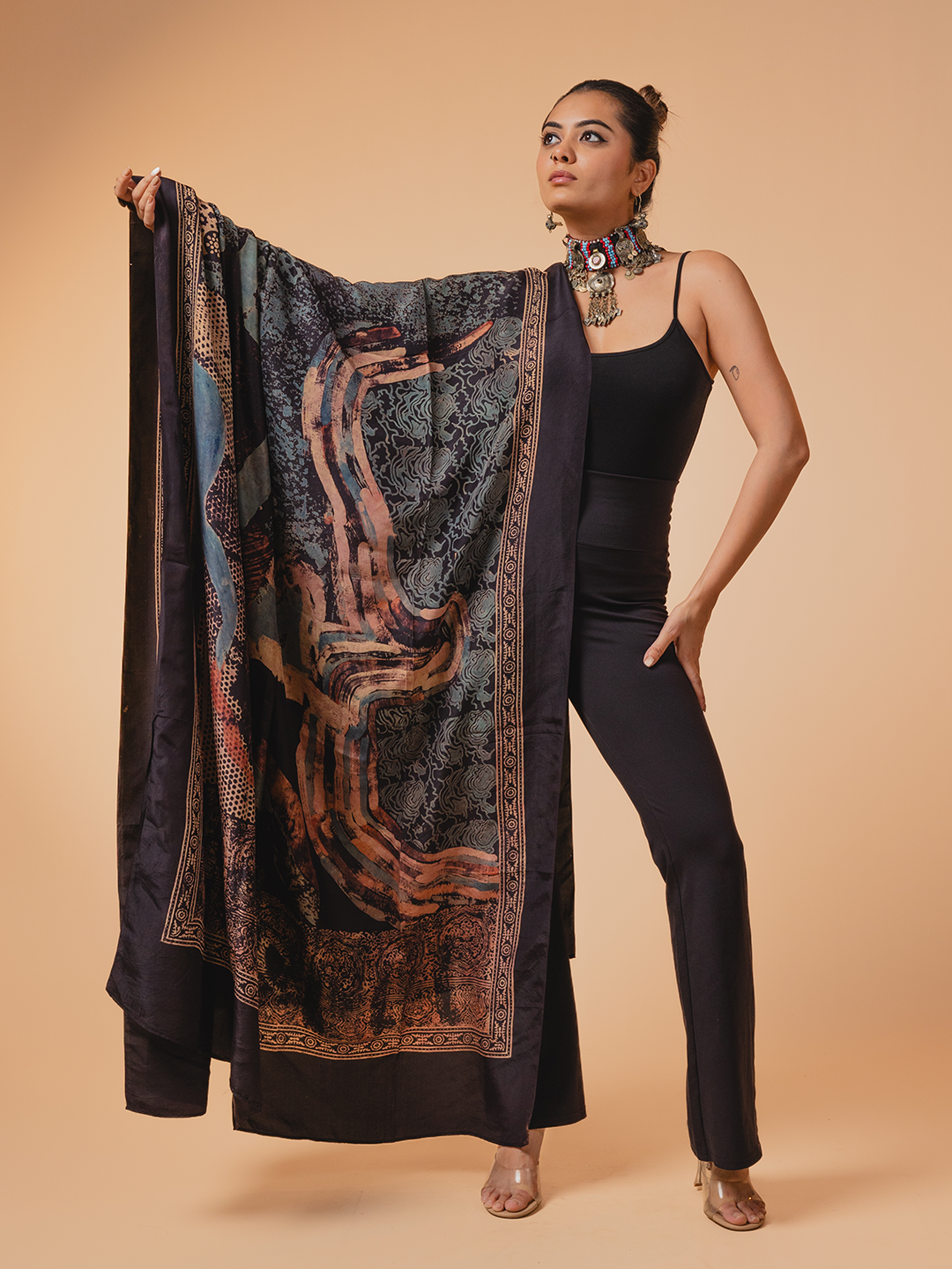 Ajrakh Silk Dupatta Black
