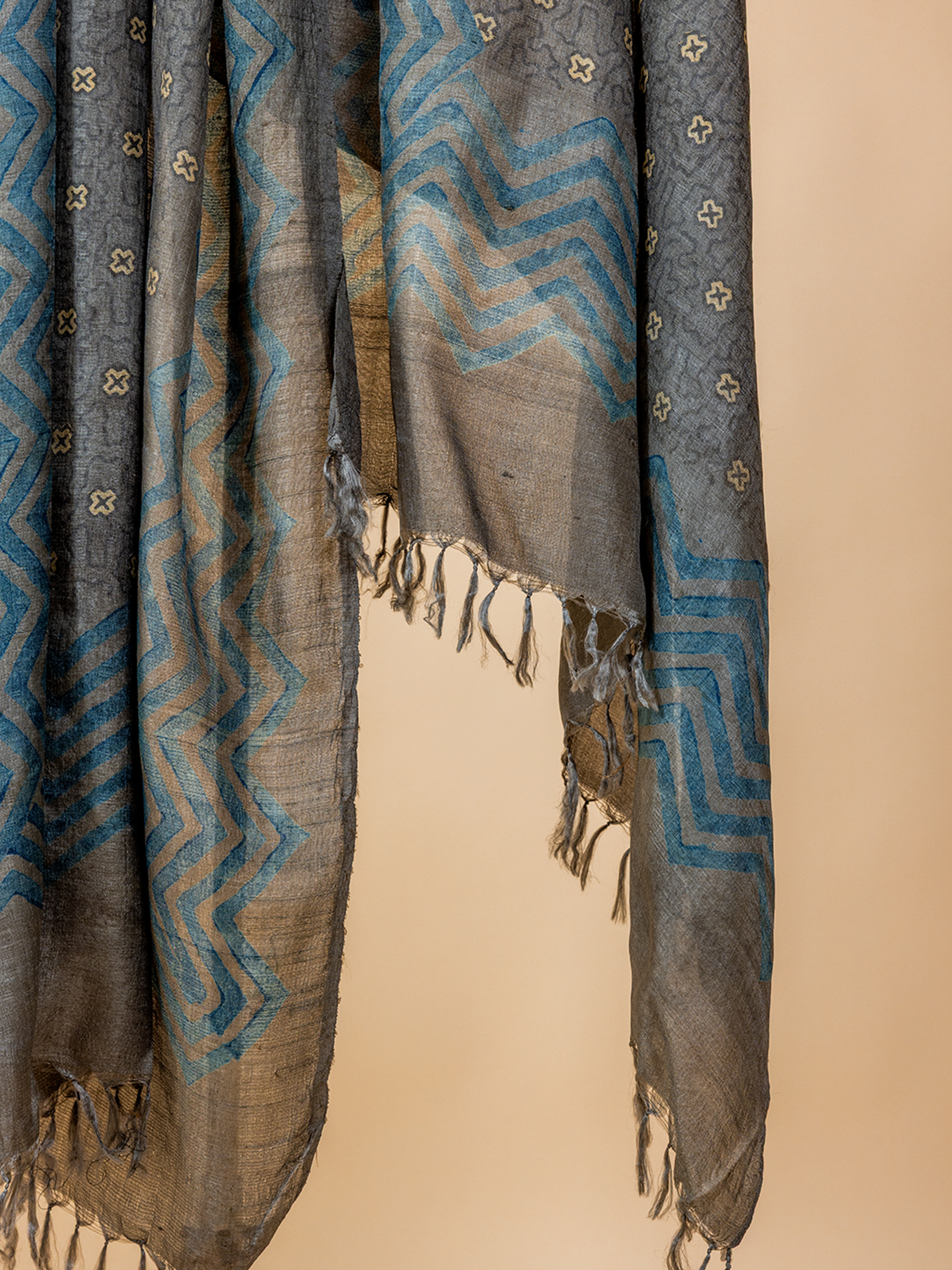 Ajrakh Silk Dupatta Blue Chevron