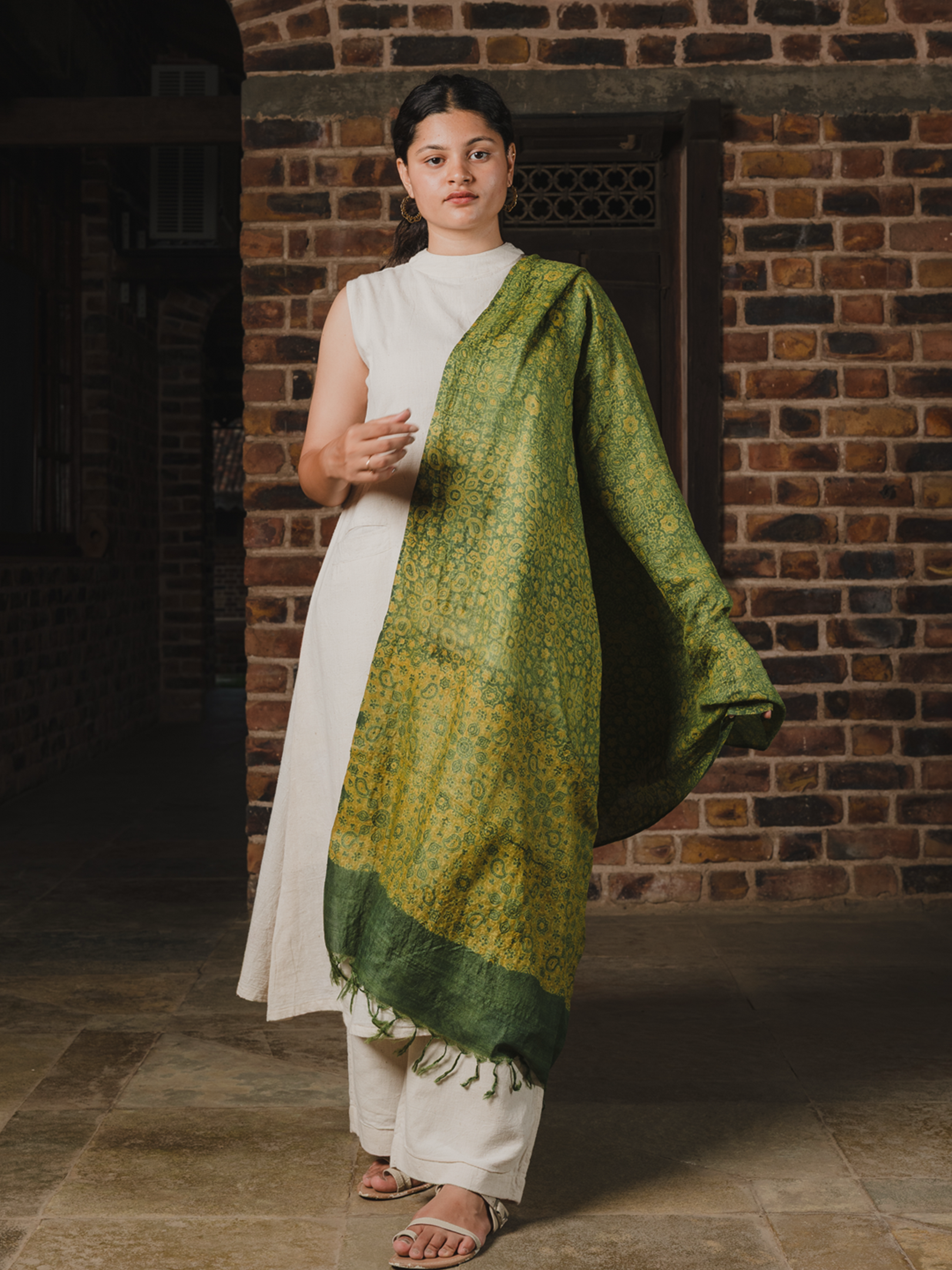 Ajrakh Silk Dupatta Green & Yellow