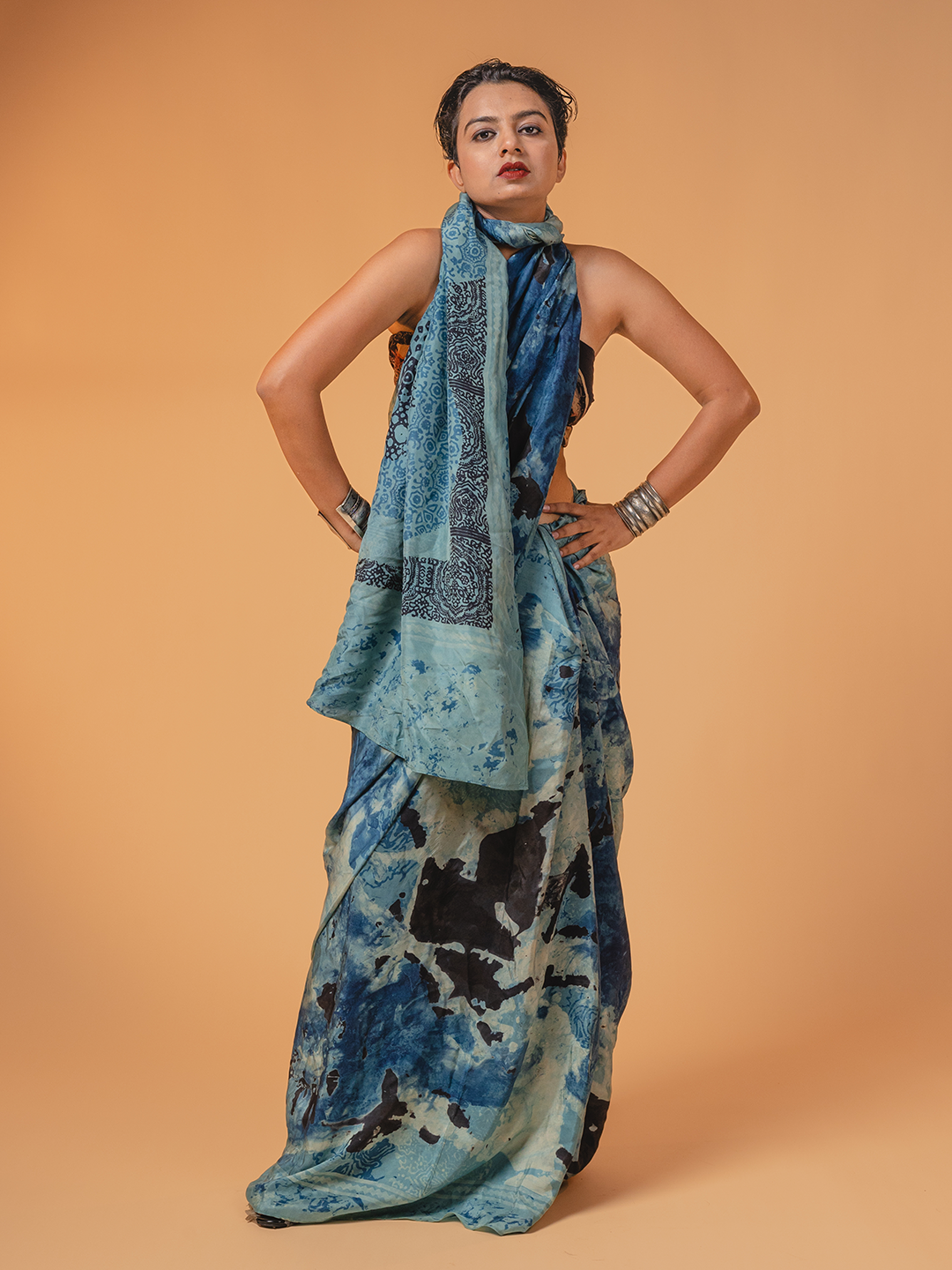 Ajrakh Silk Saree  Light Blue