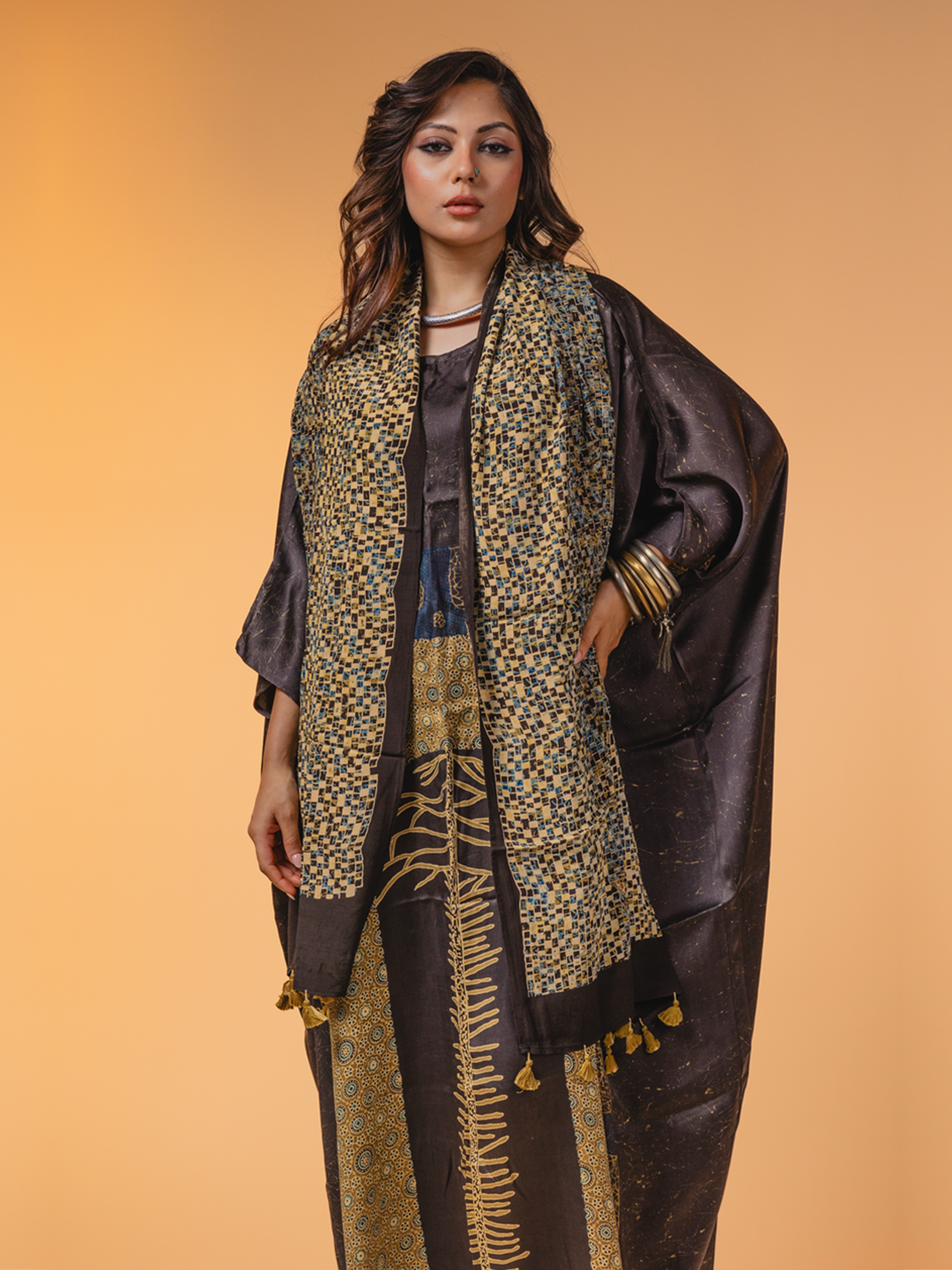 Ajrakh Silk Stole Black & White Square