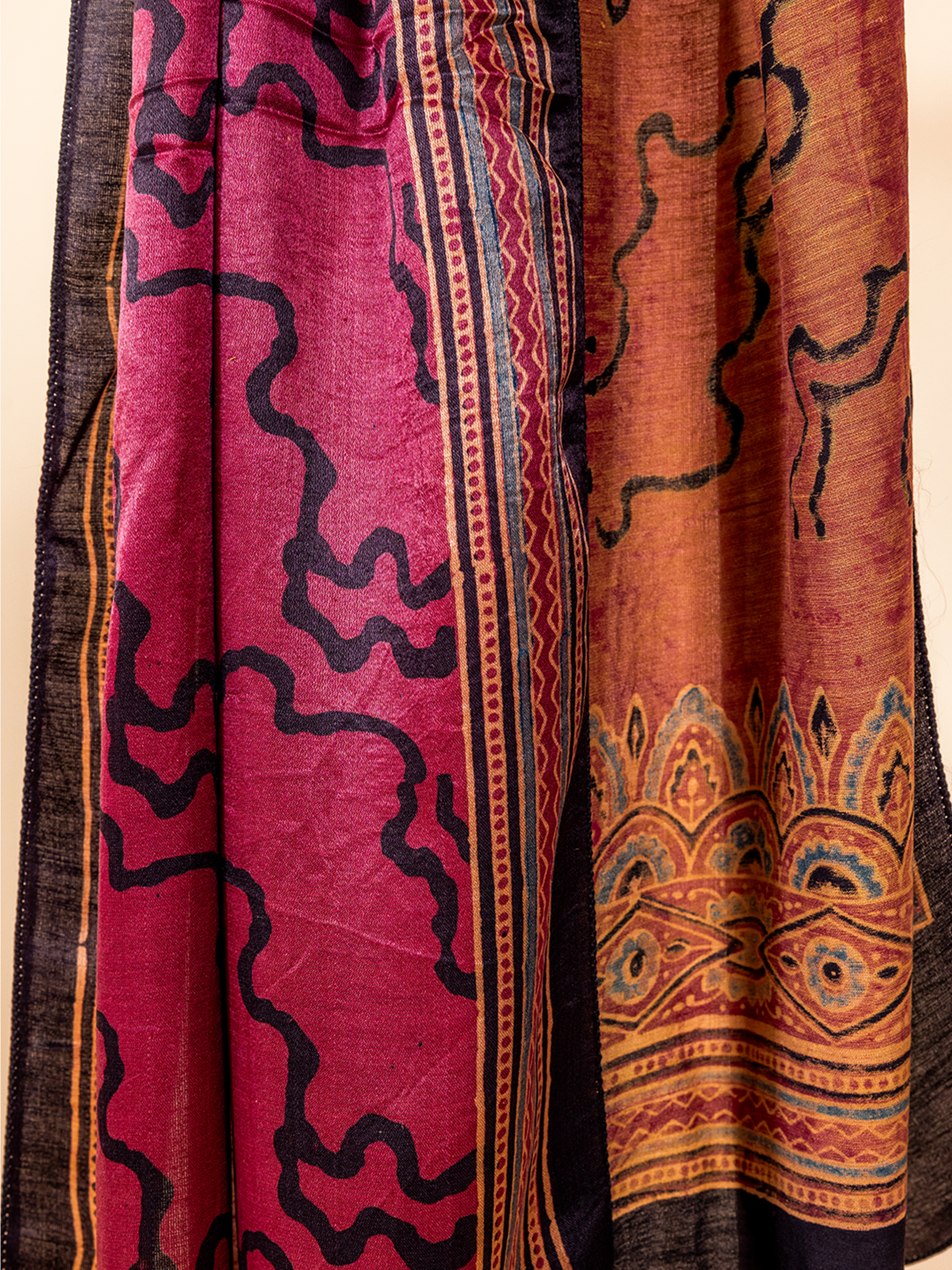 Ajrakh Silk Stole Maroon Waves