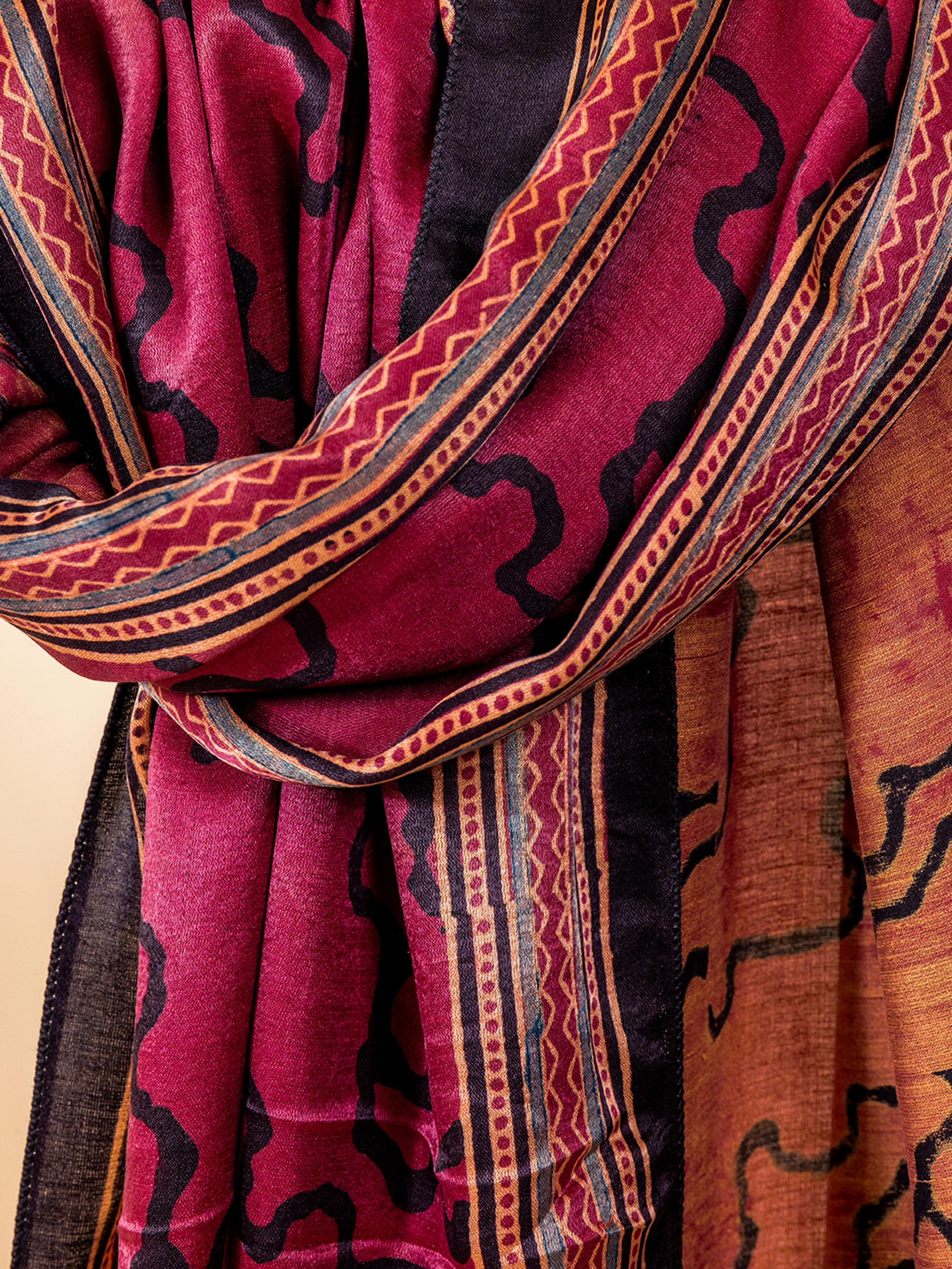 Ajrakh Silk Stole Maroon Waves