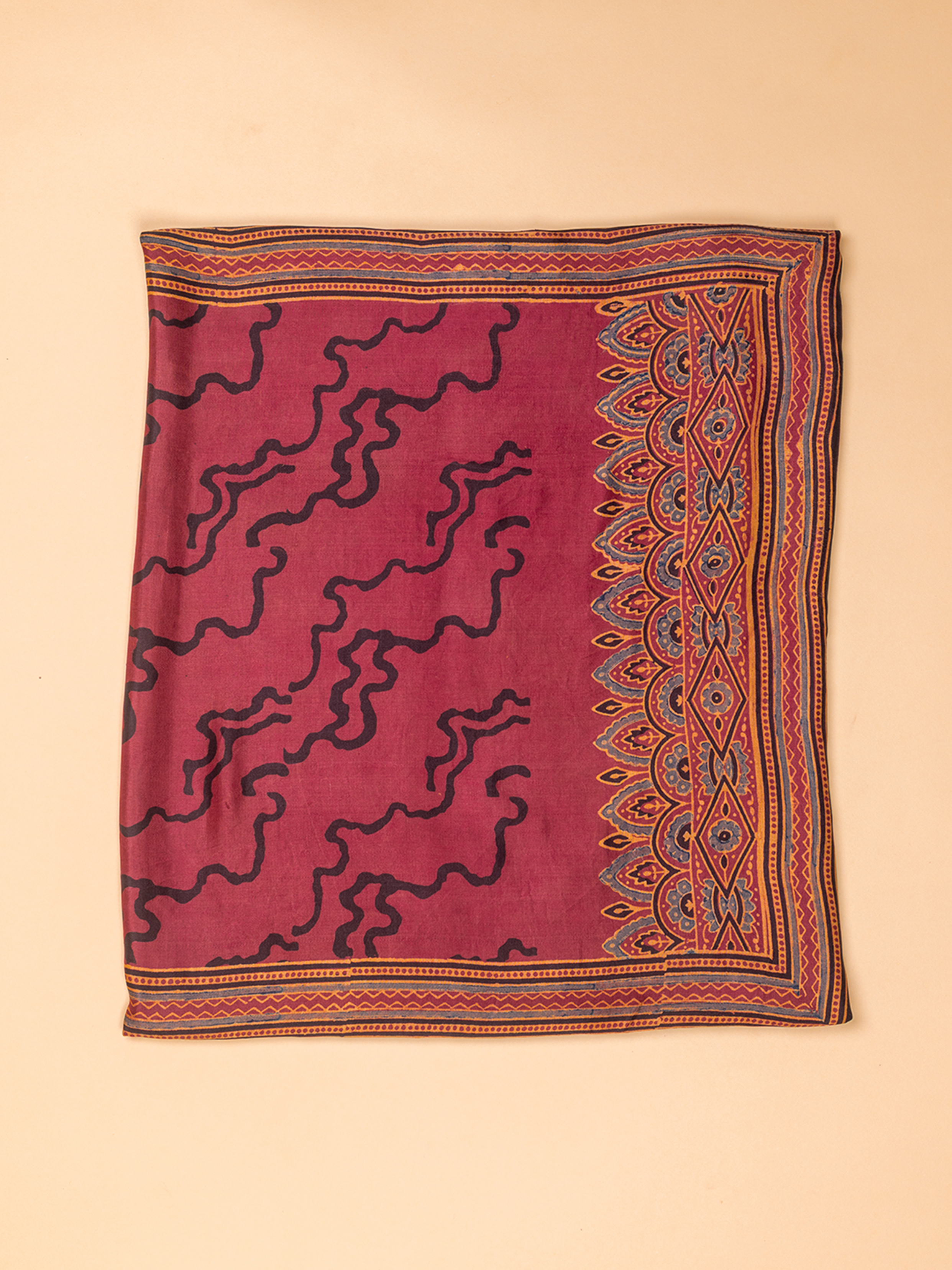 Ajrakh Silk Stole Maroon Waves