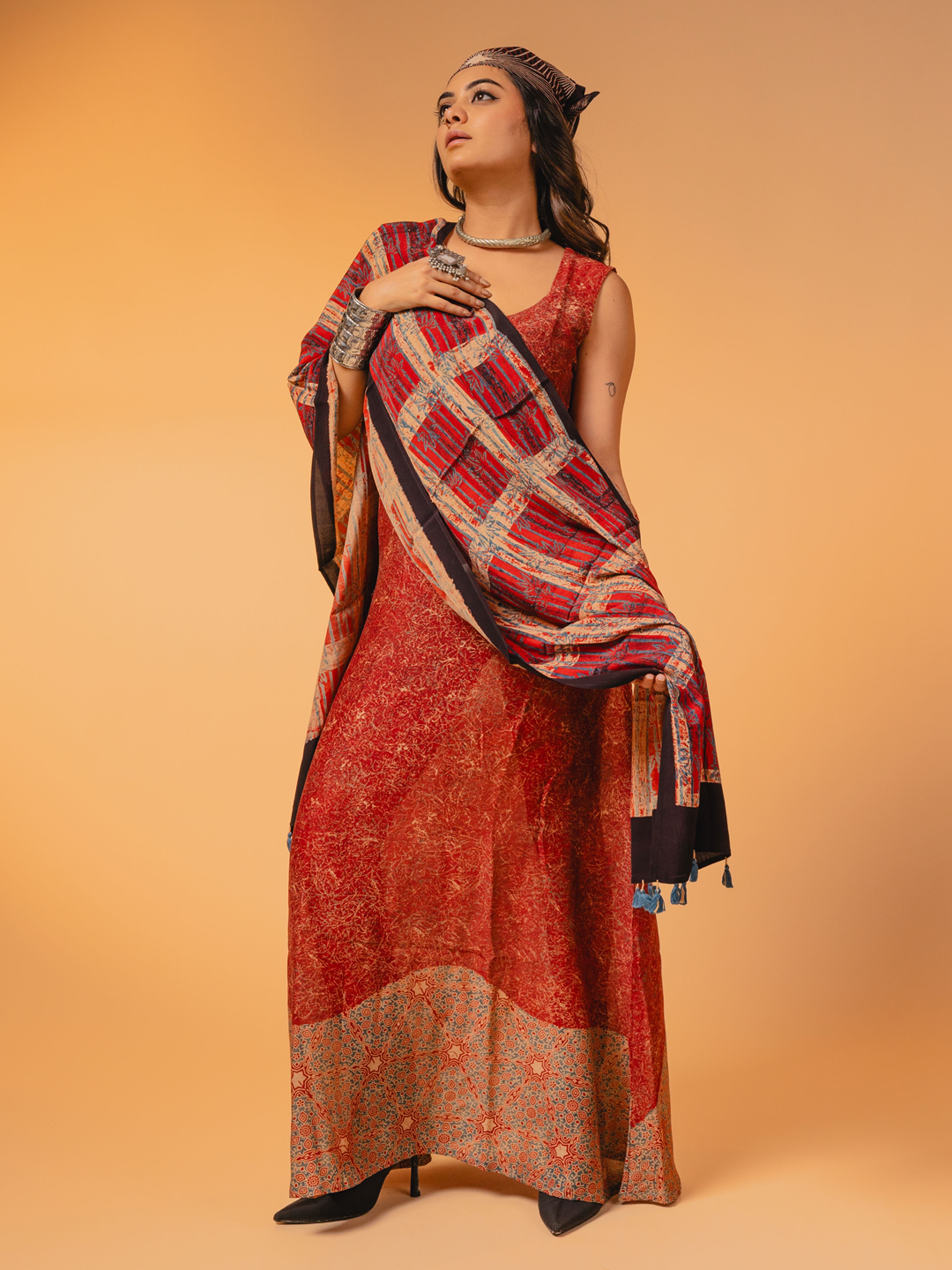 Ajrakh Silk Stole Red