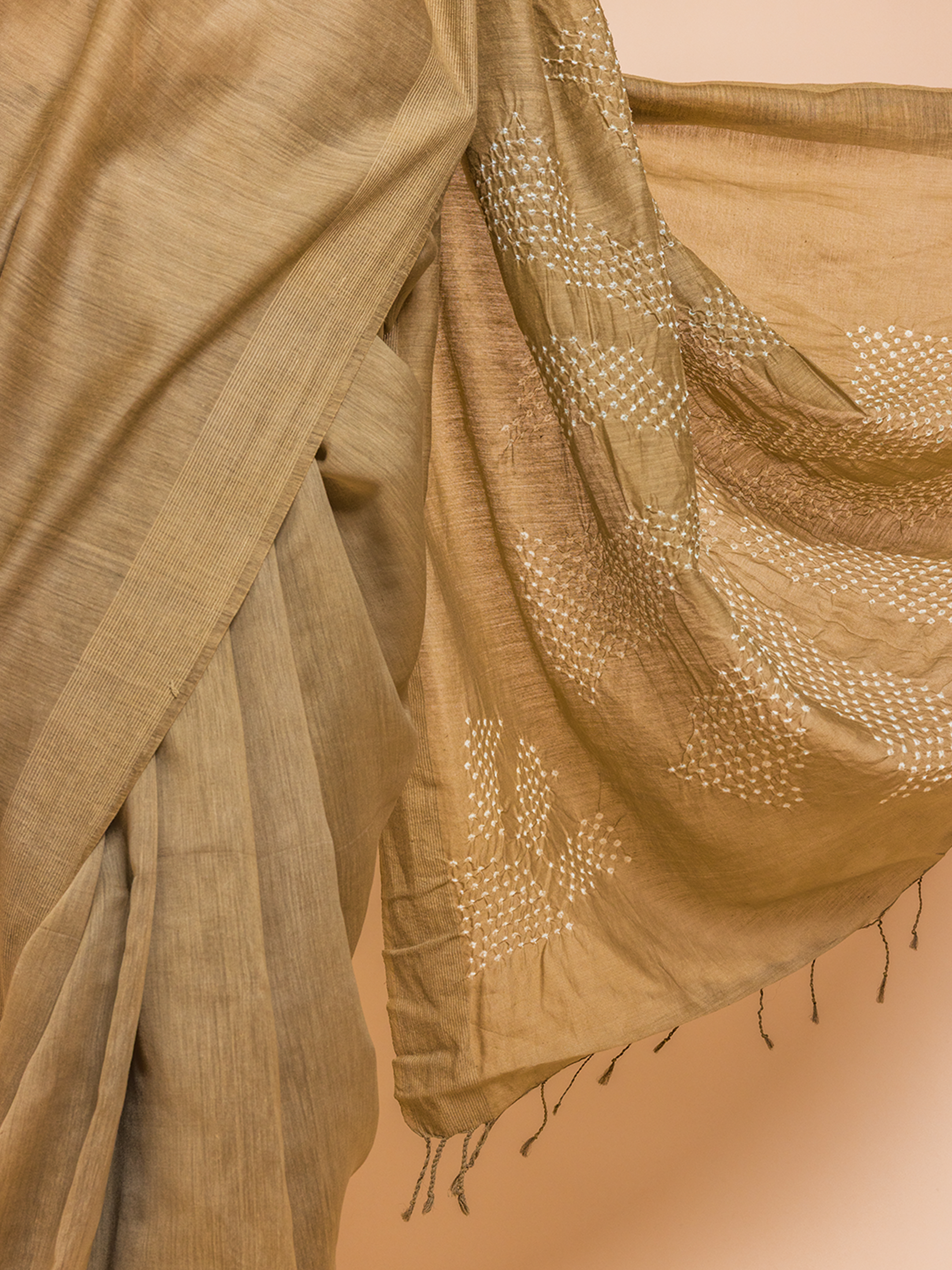 Bandhani Cotton Silk Saree Sand Brown