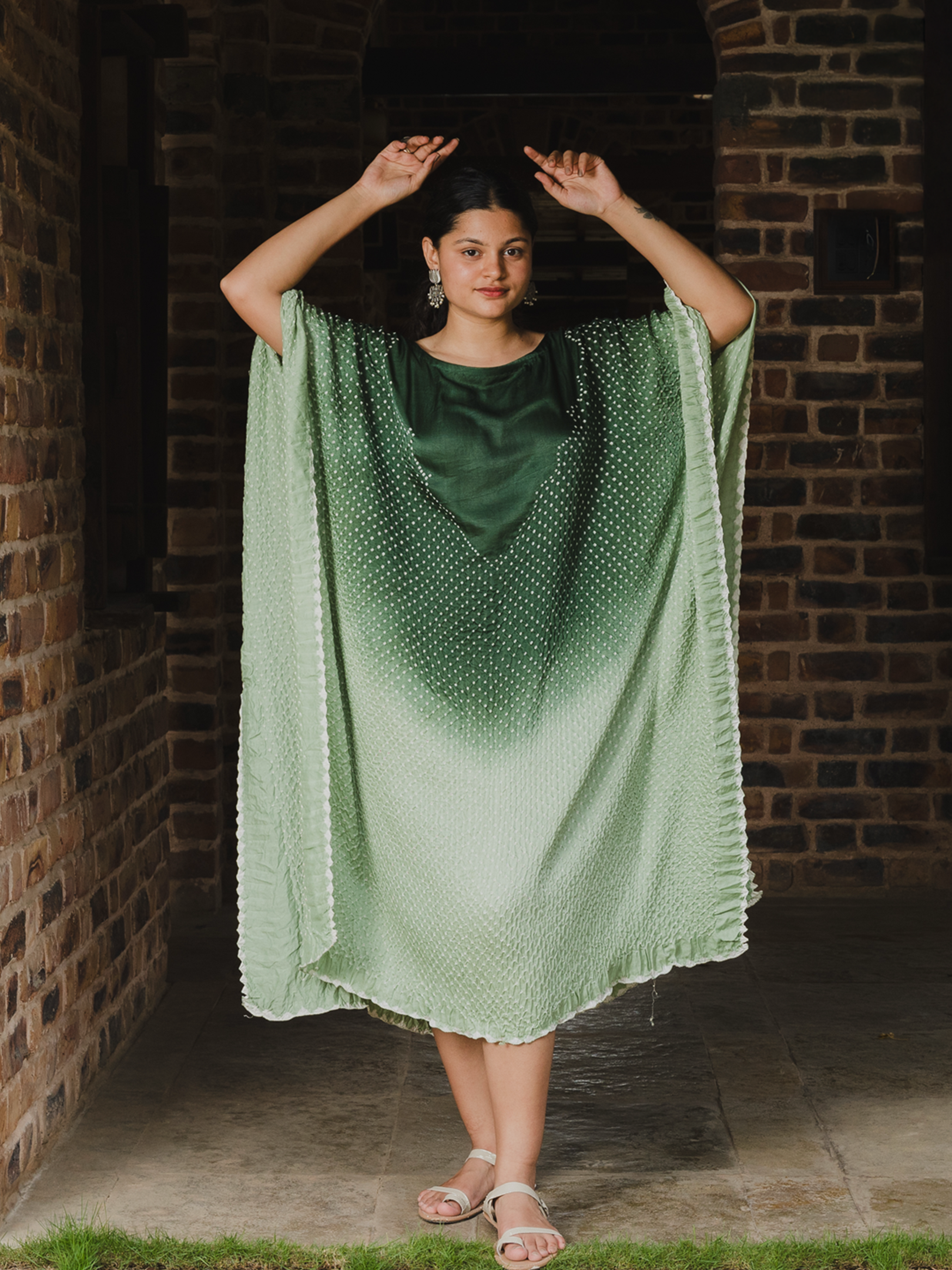 Bandhani Silk Kaftan Green