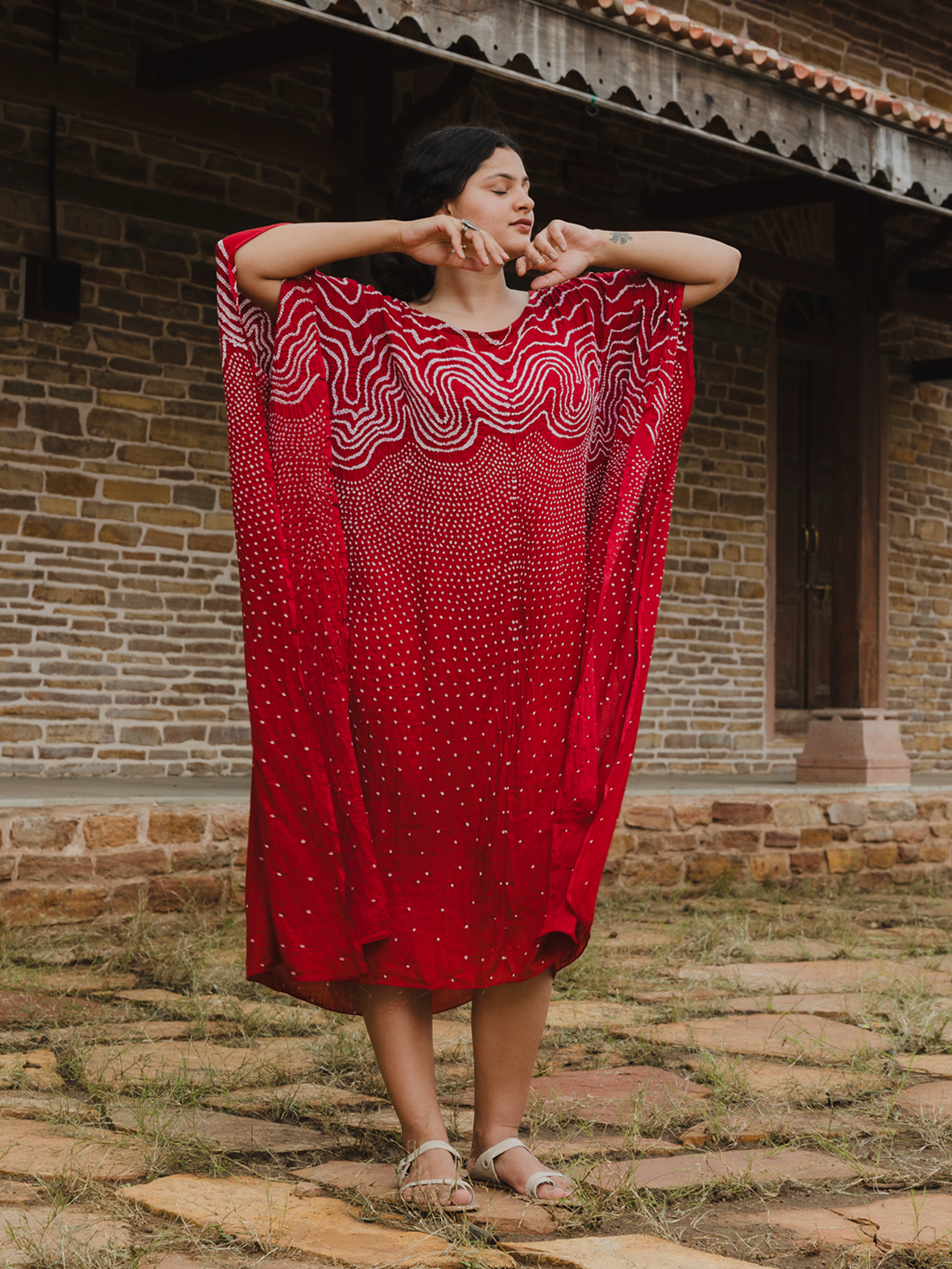 Bandhani Silk Kaftan Red