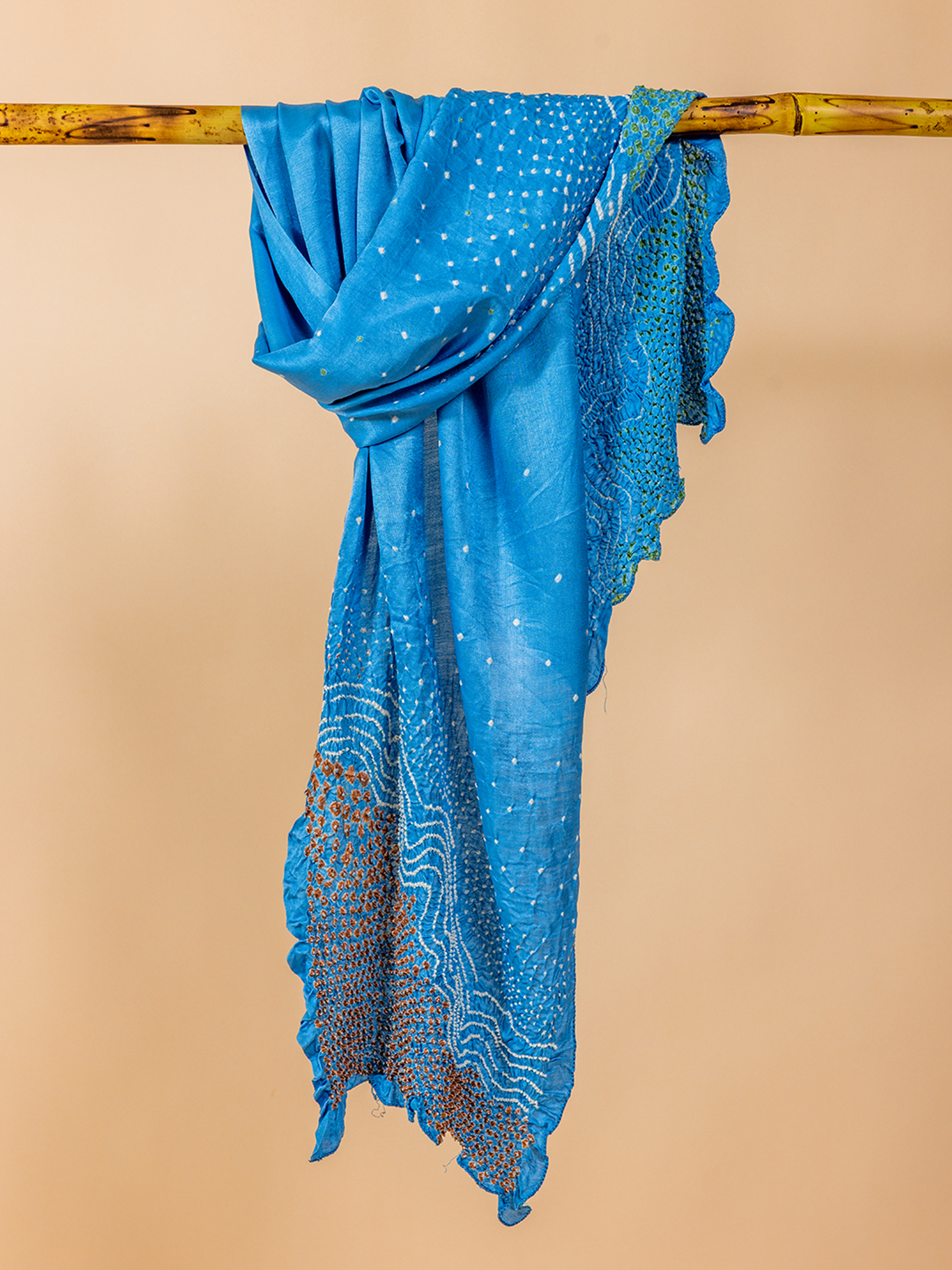 Bandhani Silk Stole Blue, Peach & Green