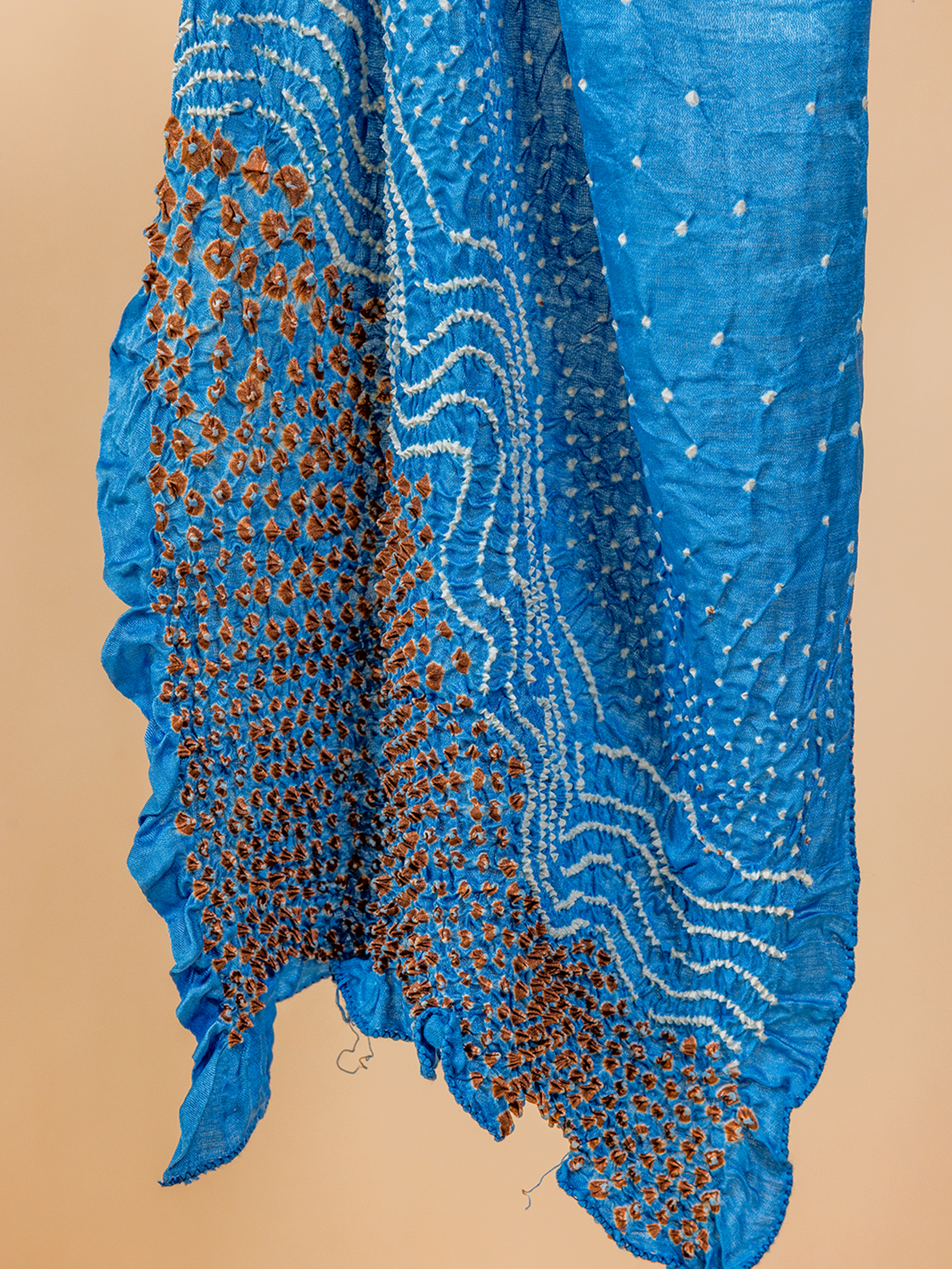Bandhani Silk Stole Blue, Peach & Green