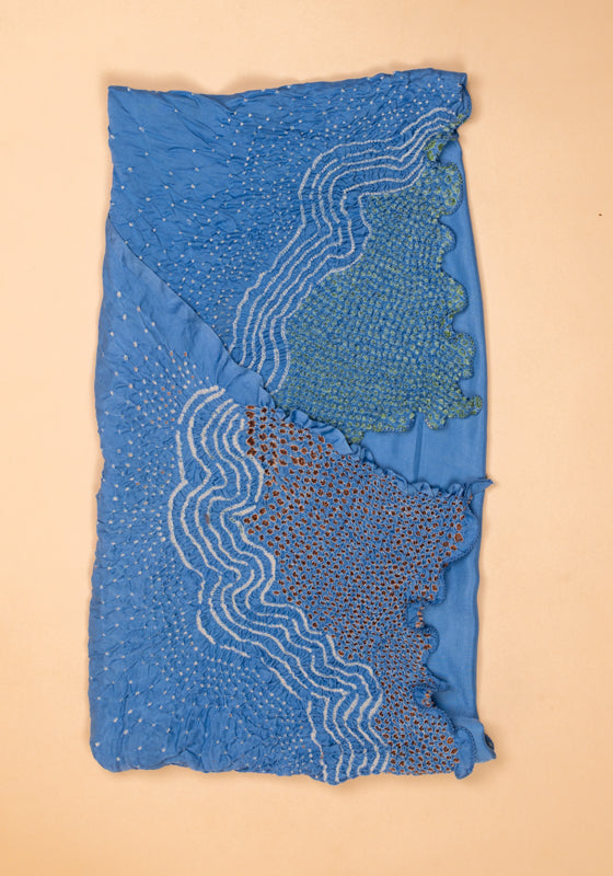 Bandhani Silk Stole Blue, Peach & Green