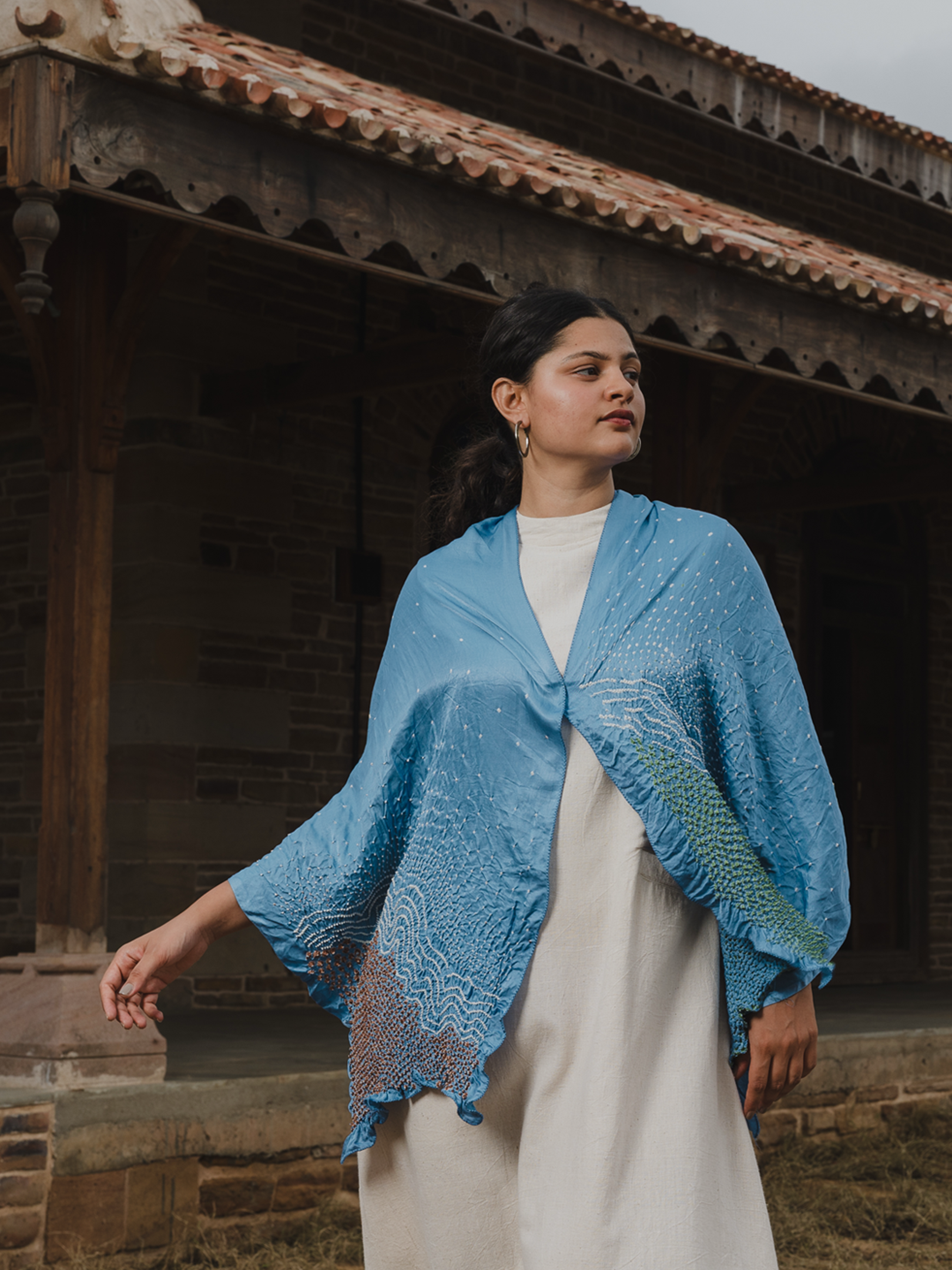 Bandhani Silk Stole Blue, Peach & Green